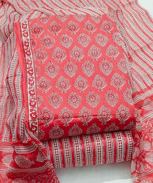 DRAVINAM Trends Jaipuri Printed Pure Cambric Unstitched Cotton Suit Dress Material with Chiffon Printed Dupatta