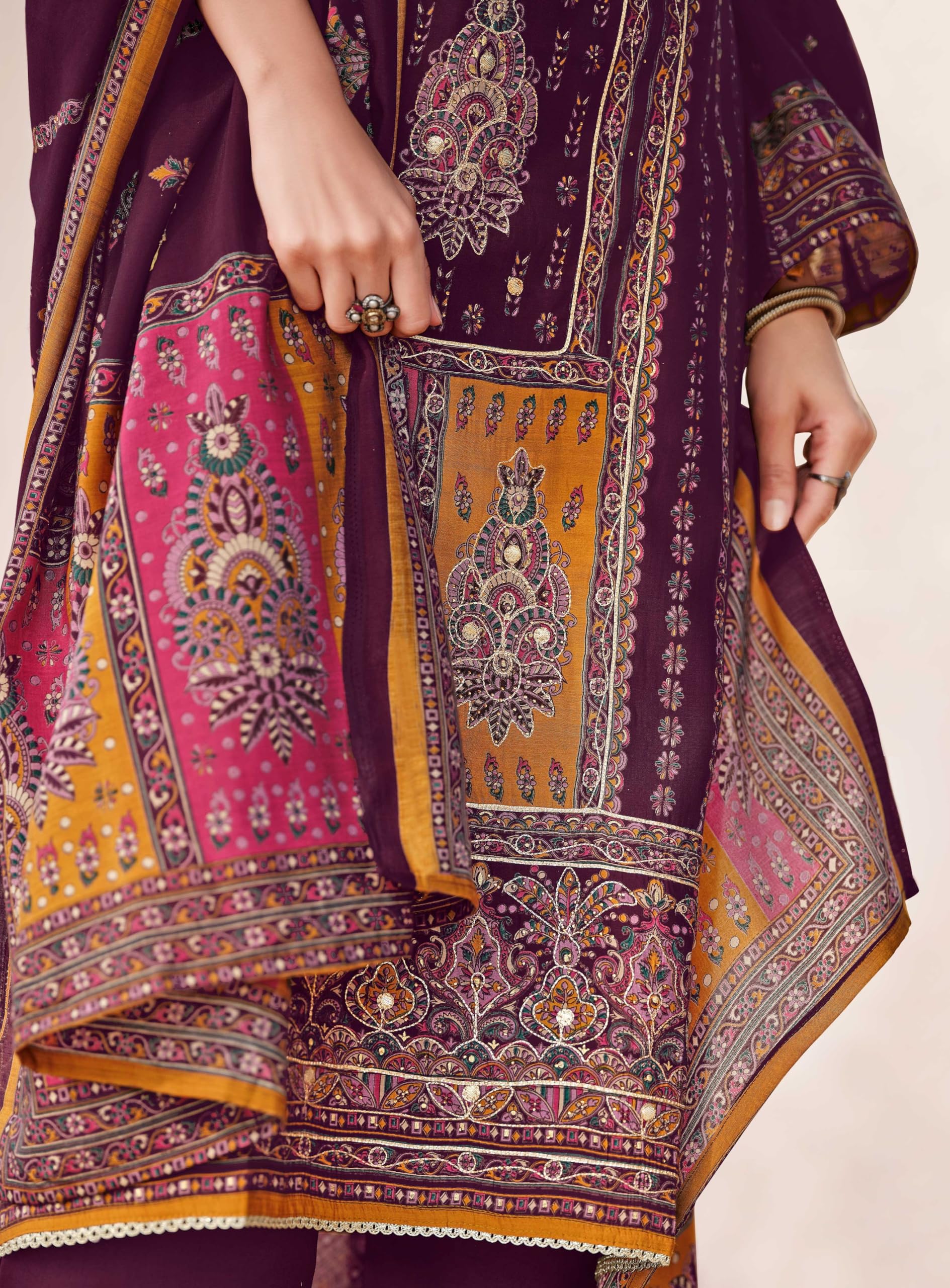 DRAVINAM Trends Women's Unstitched Pure Maslin Digital Foil Printed Pakistani Embroidered Suit Dress Material with Unstitched Maslin Bottoms and Maslin Dupatta
