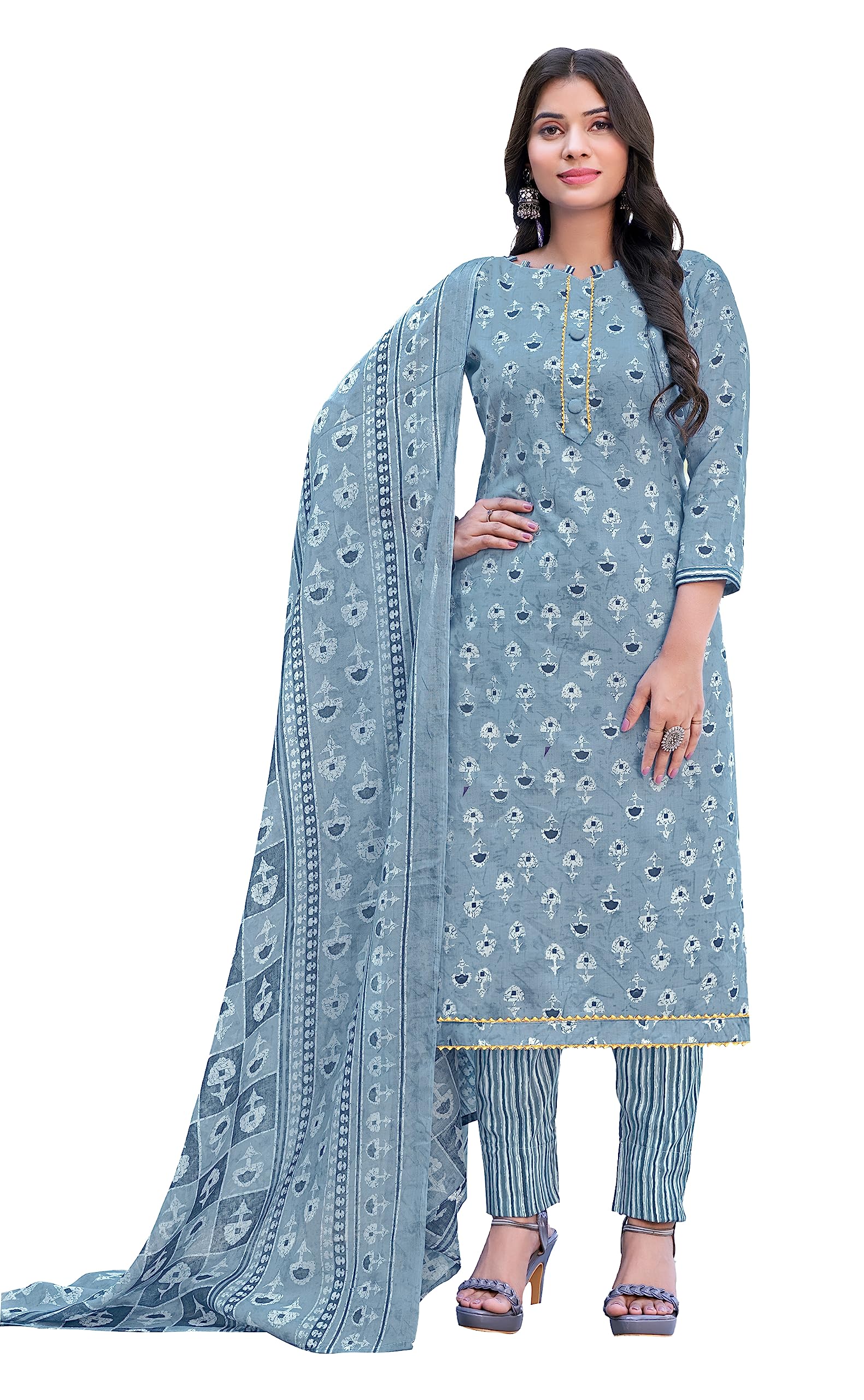 DRAVINAM Trends Women's Pure Cotton Batik Printed Unstitiched Salwar Suit Dress Material with Cotton Printed Dupatta (Grey)