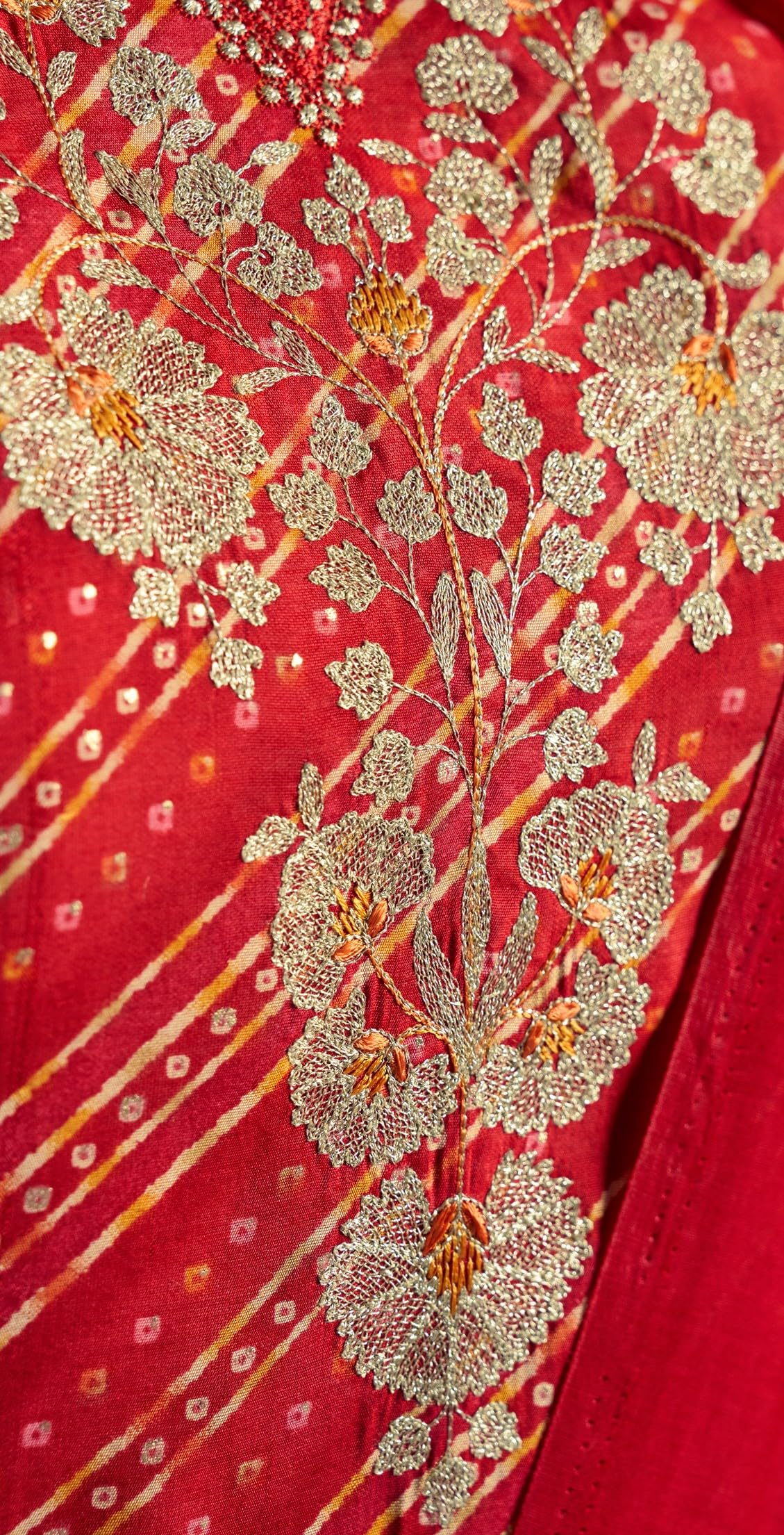 DRAVINAM Trends Women's Unstitched Silk Suit - Modal Silk Discharge Foil Print with Coding Embroidery Top || Solid Bottoms II Modal Silk Discharge Foil Print And Tussle Dupatta