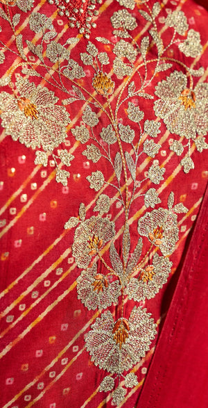 DRAVINAM Trends Women's Unstitched Silk Suit - Modal Silk Discharge Foil Print with Coding Embroidery Top || Solid Bottoms II Modal Silk Discharge Foil Print And Tussle Dupatta