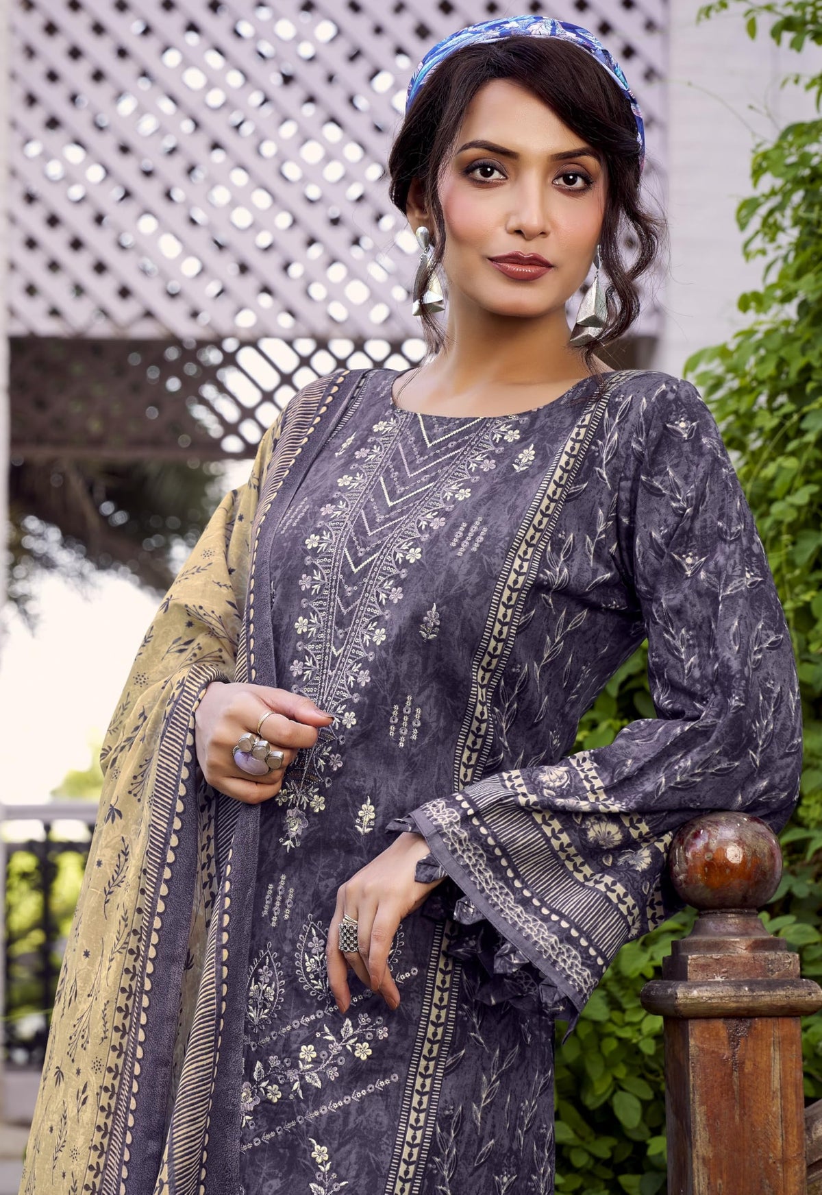DRAVINAM Trends Unstitched Karachi Lawn Cotton Pakistani Digital Printed Embroidered Suit Dress Material with Unstitched Bottoms and Cotton Dupatta