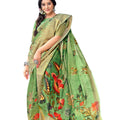 DRAVINAM Trends Women's Digital Printed Soft Linen Saree with Zari Weaving Border and Matching Blouse Piece (Light Green)