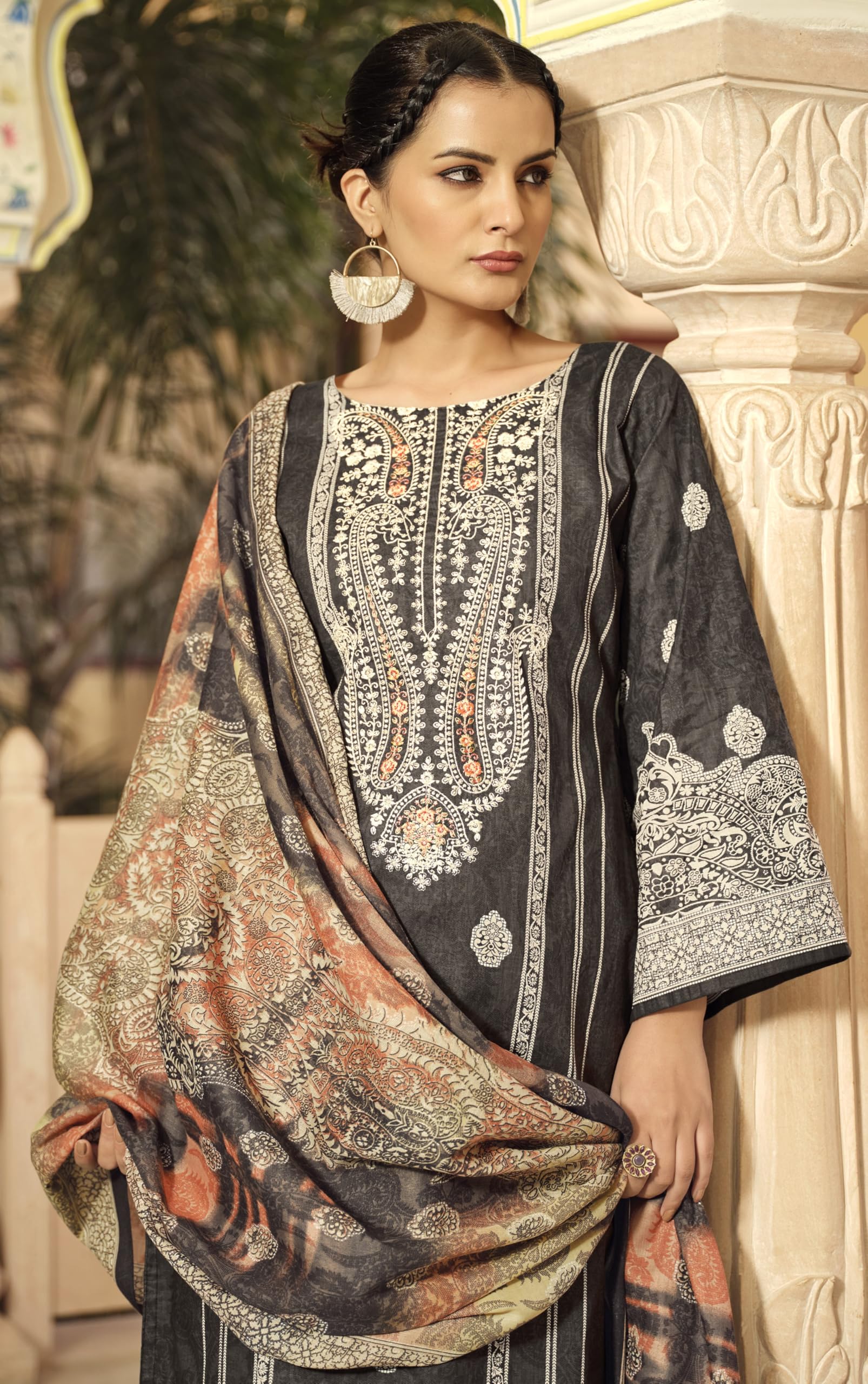 DRAVINAM Trends Unstitched Pakistani Embroidered Pure Cotton Salwar Suit Dress Materials with Cotton Dupatta