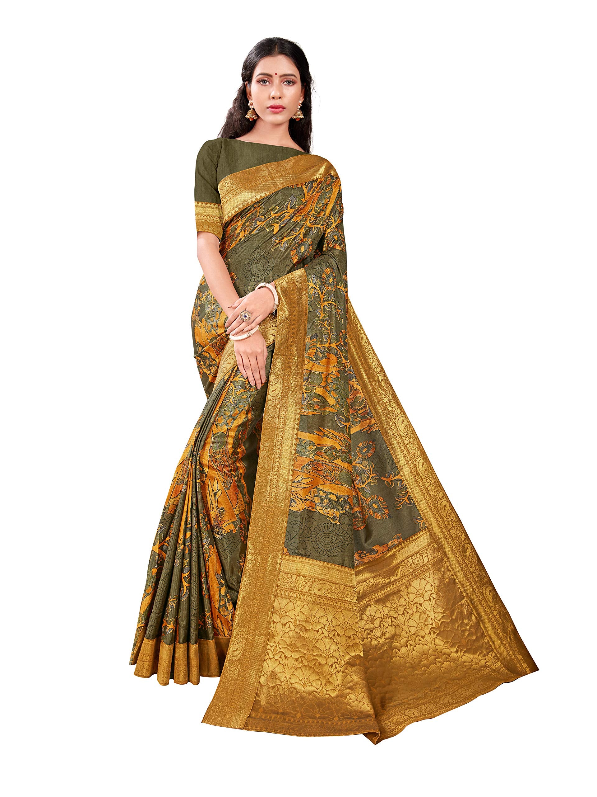 DRAVINAM Trends Printed silk saree with Jacquard Border and Blouse Piece (Green)