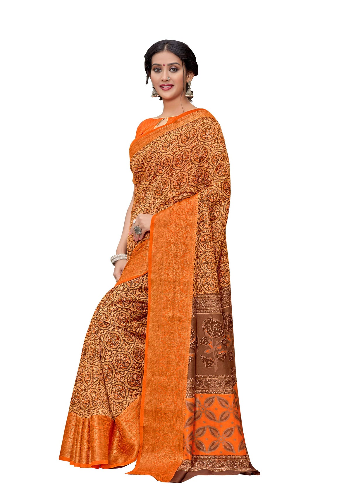 DRAVINAM Trends Women's Cotton Linen Jacquard Woven Broad Border Pattu Saree with Blouse Piece (Pattu SareeSRMN_40N_Orange)