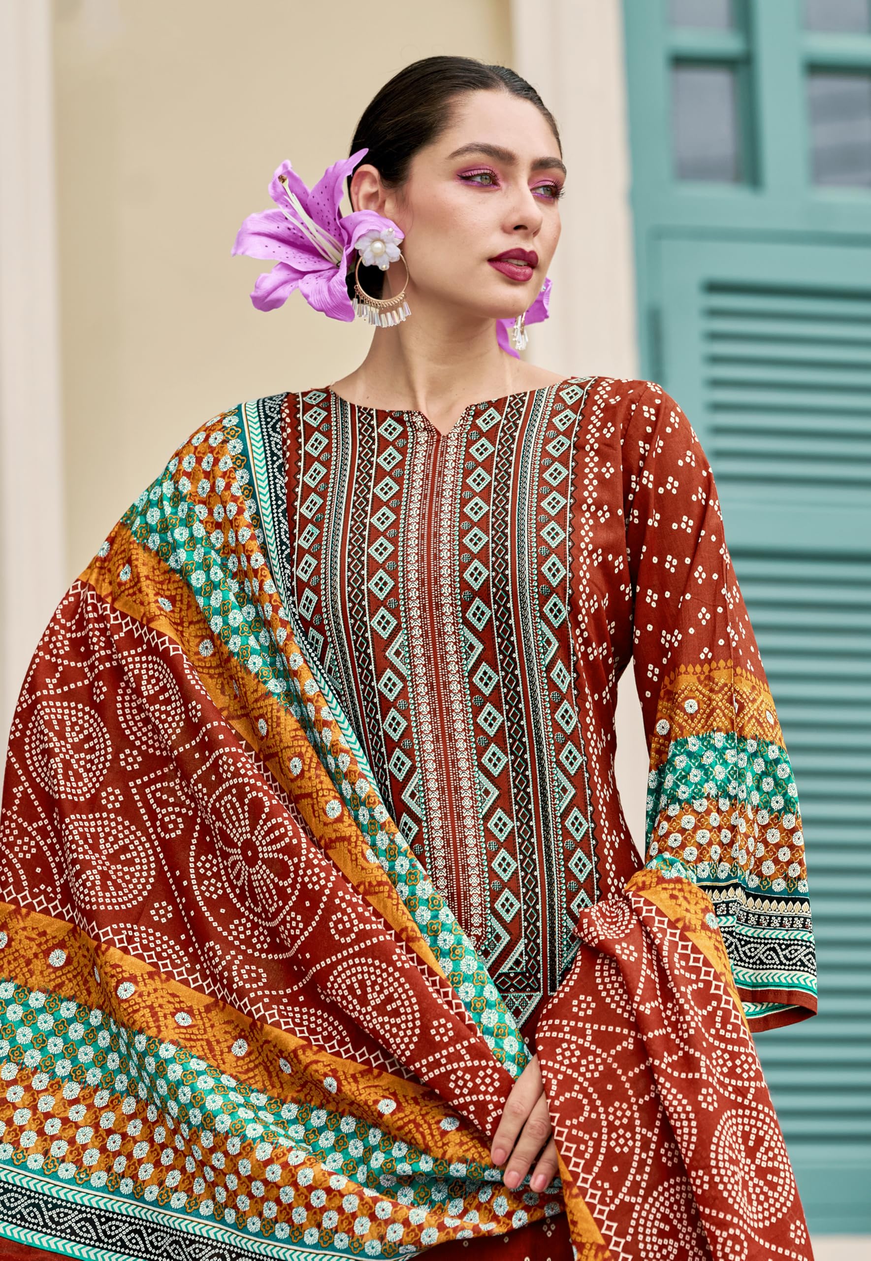 DRAVINAM Trends Unstitched Suit Material – Pure Cotton Digital Prints Daman Organza Embroidery Kameez, Cotton Bottoms and Dupatta