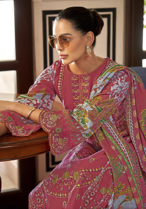DRAVINAM Trends Women's Unstitched Cotton Suit Dress Material - Pure Cambric Cotton Pakistani Print Embroidered Kameez II Pure Cotton Bottoms II Pure Cotton Dupatta