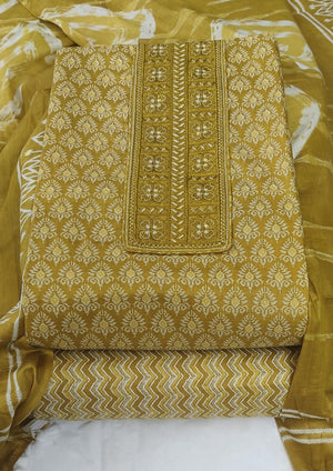 DRAVINAM Trends Women's Premium Cotton Jaipuri Printed Embroidered and Hand Work Unstitched Salwar Suit Dress Material with Mulmul Cotton Dupatta
