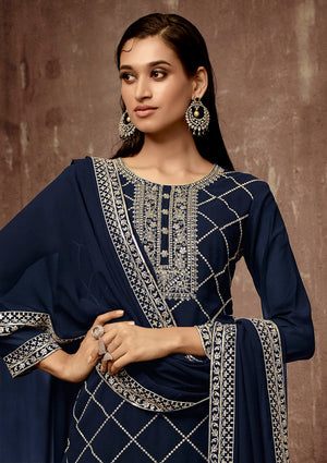 DRAVINAM Trends Women's Heavy Zari Embroidered Real Pure Georgette Salwar Kameez Pakistani Dress Material with Heavy Embroidered Dupatta (Blue)