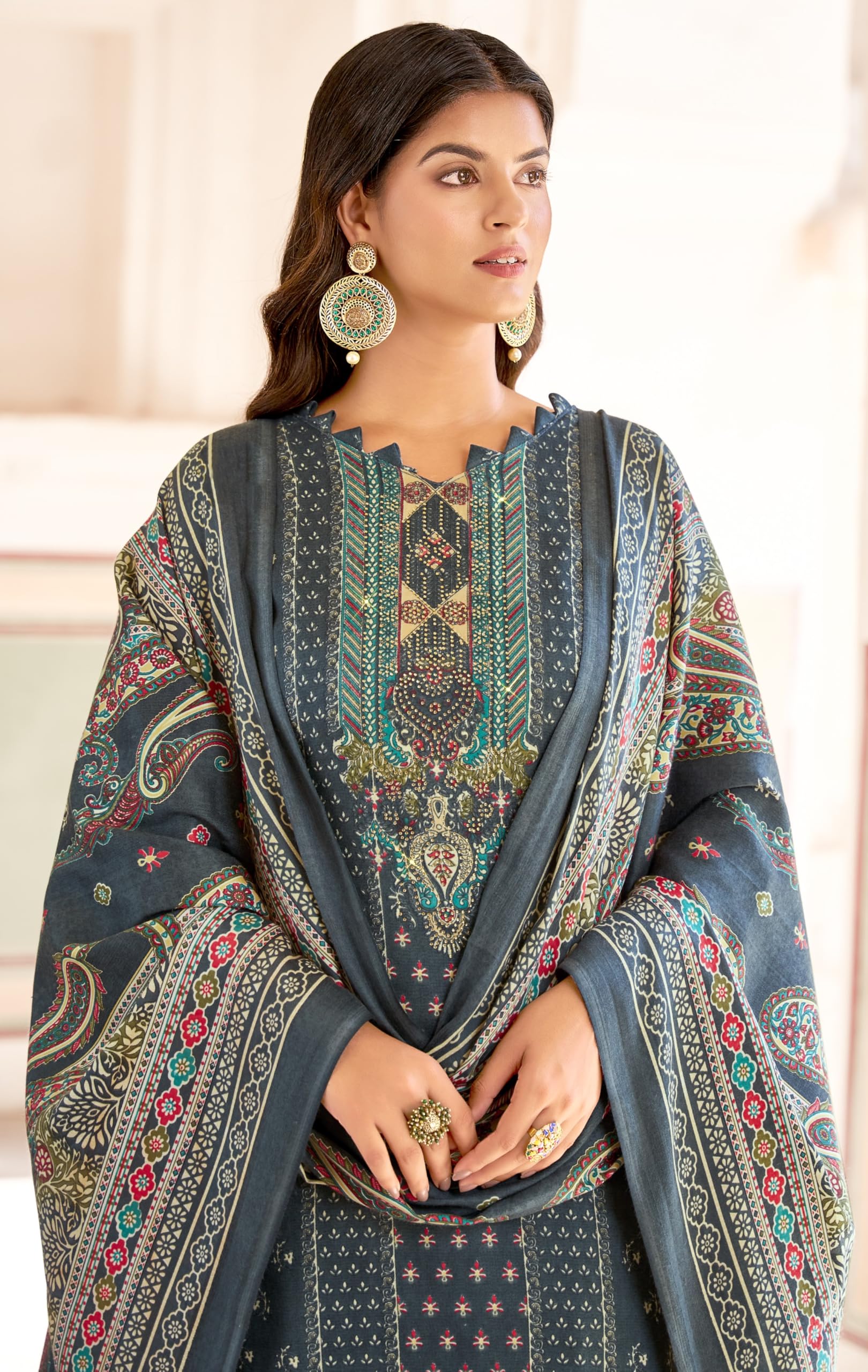 DRAVINAM Trends Women's Unstitched Woolen Kashmiri Printed Siroski Work Winter wear suits for women with Shawl