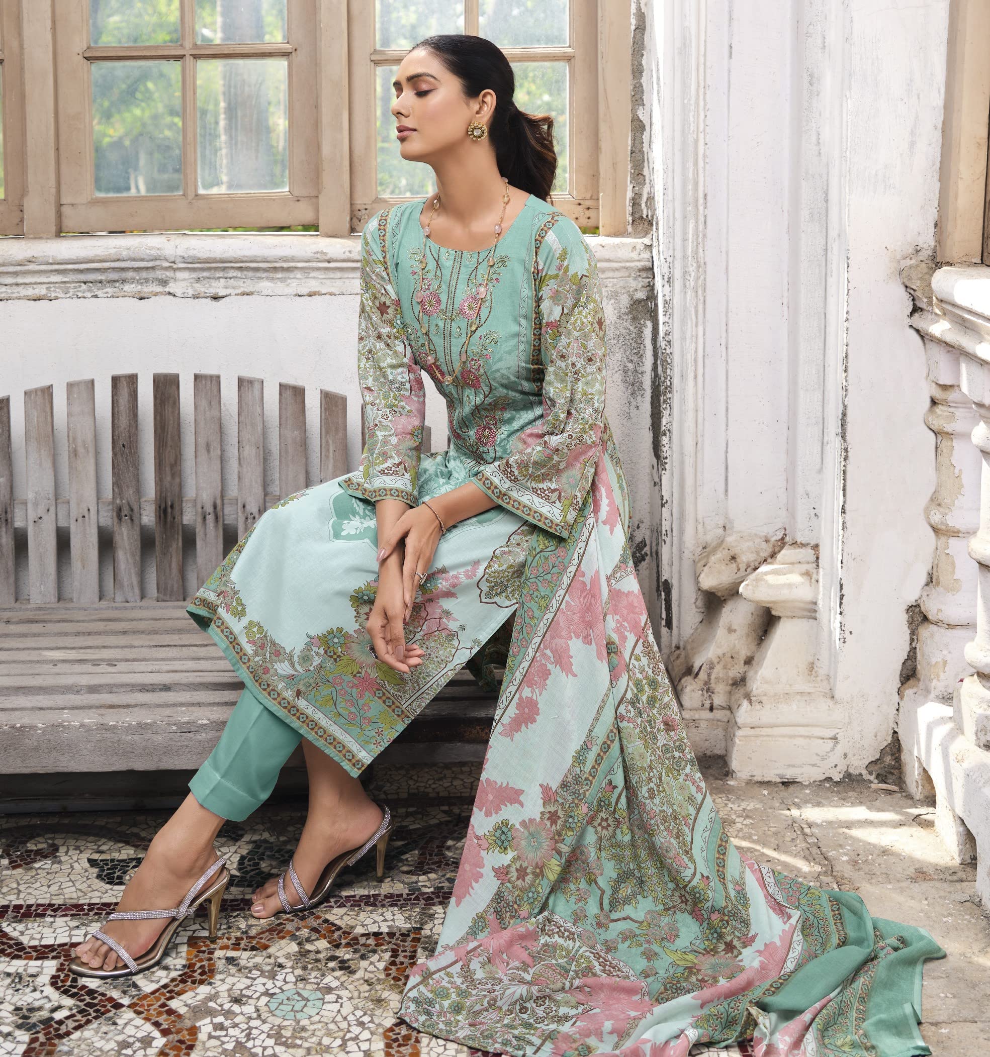 DRAVINAM Trends Women Unstitched Pakistani Print Embroidered Cotton Salwar Suit Dress Materials with Dupatta, Free Size