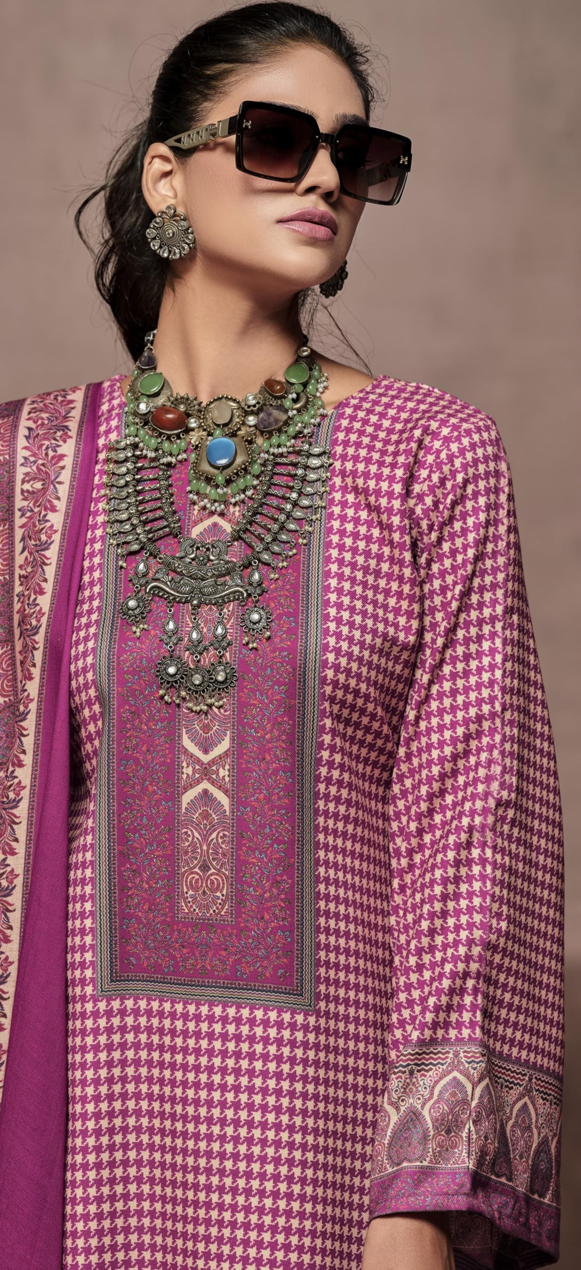 DRAVINAM Trends Elegant Unstitch Pashmina Set: 100% Viscose Digital Print Top, Solid Bottom & Matching Dupatta