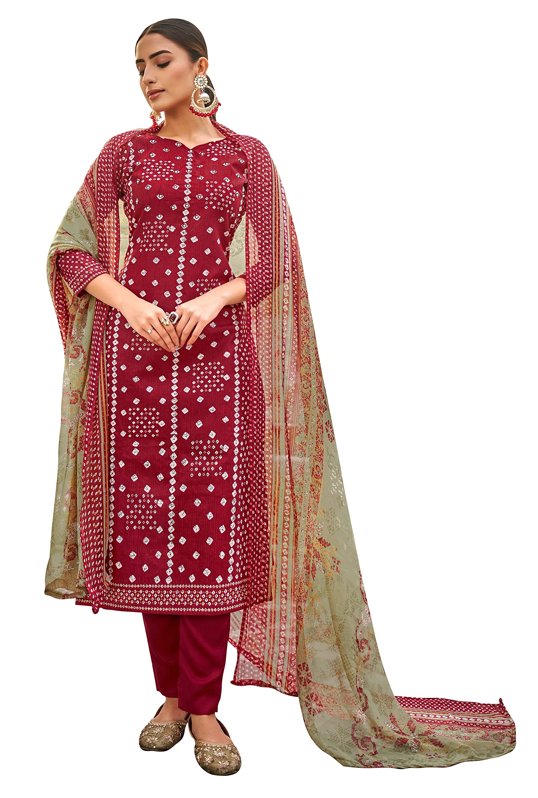DRAVINAM Trends Women's Unstitched Salwar Suit Dress Material - Pure Cotton Print with Mirror Work Kameez | Plain Bottom |Chiffon Print Dupatta
