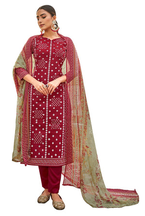 DRAVINAM Trends Women's Unstitched Salwar Suit Dress Material - Pure Cotton Print with Mirror Work Kameez | Plain Bottom |Chiffon Print Dupatta