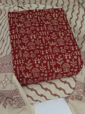 DRAVINAM Trends Women's Premium Cotton Unstitched Salwar Suit Dress Material Set | Traditional Rajasthani Gujari Block Print (Red & Mustard Yellow)