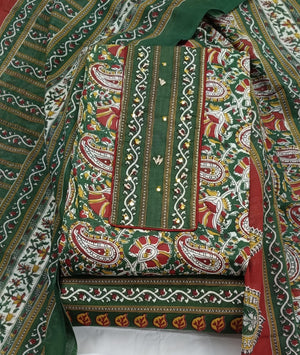 DRAVINAM Trends Women's Cambric Cotton Dress Material | Unstitch Kalamkari Printed Suit Set with Cotton Dupatta