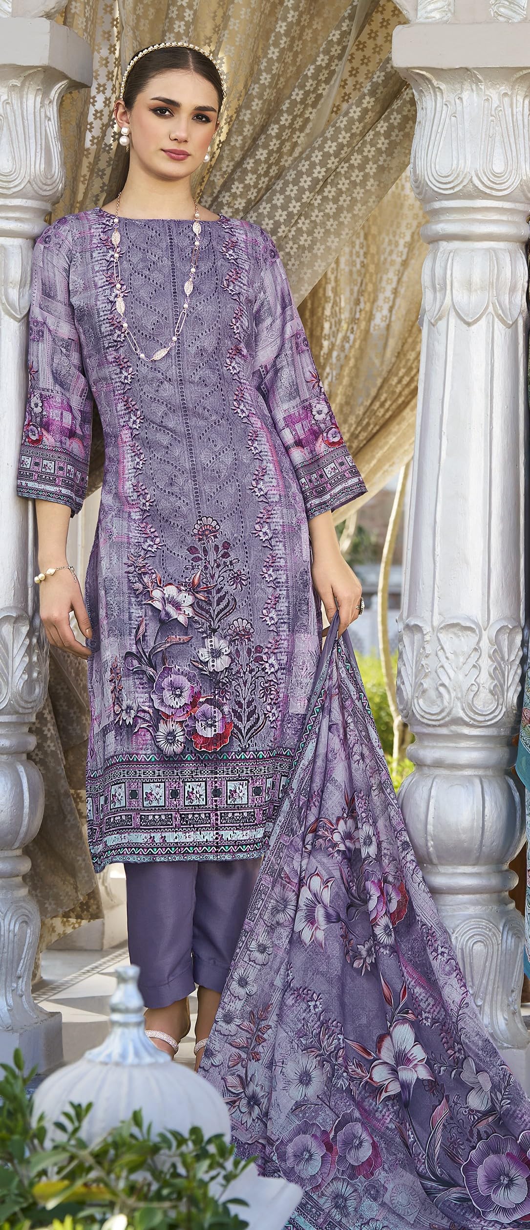 DRAVINAM Trends Women's Unstitched Salwar Suit Dress Material - Jam Cotton Digital Printed Heavy Embroidered Boring Work Kameez II Unstitch Bottoms II Cotton Dupatta