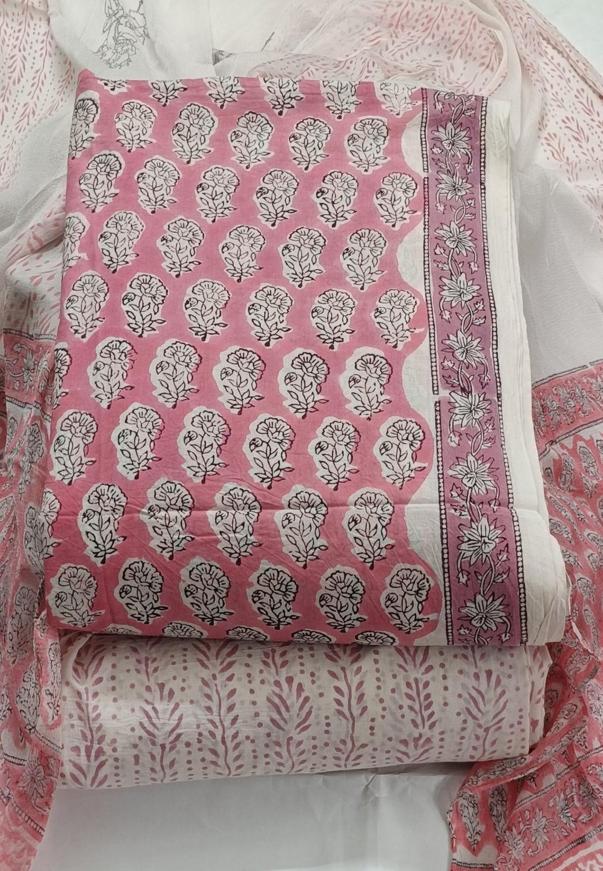 DRAVINAM Trends Hand Block Print Cambric Cotton Unstitched Salwar Suit Set for Women with Pure Chiffon Hand Printed Dupatta