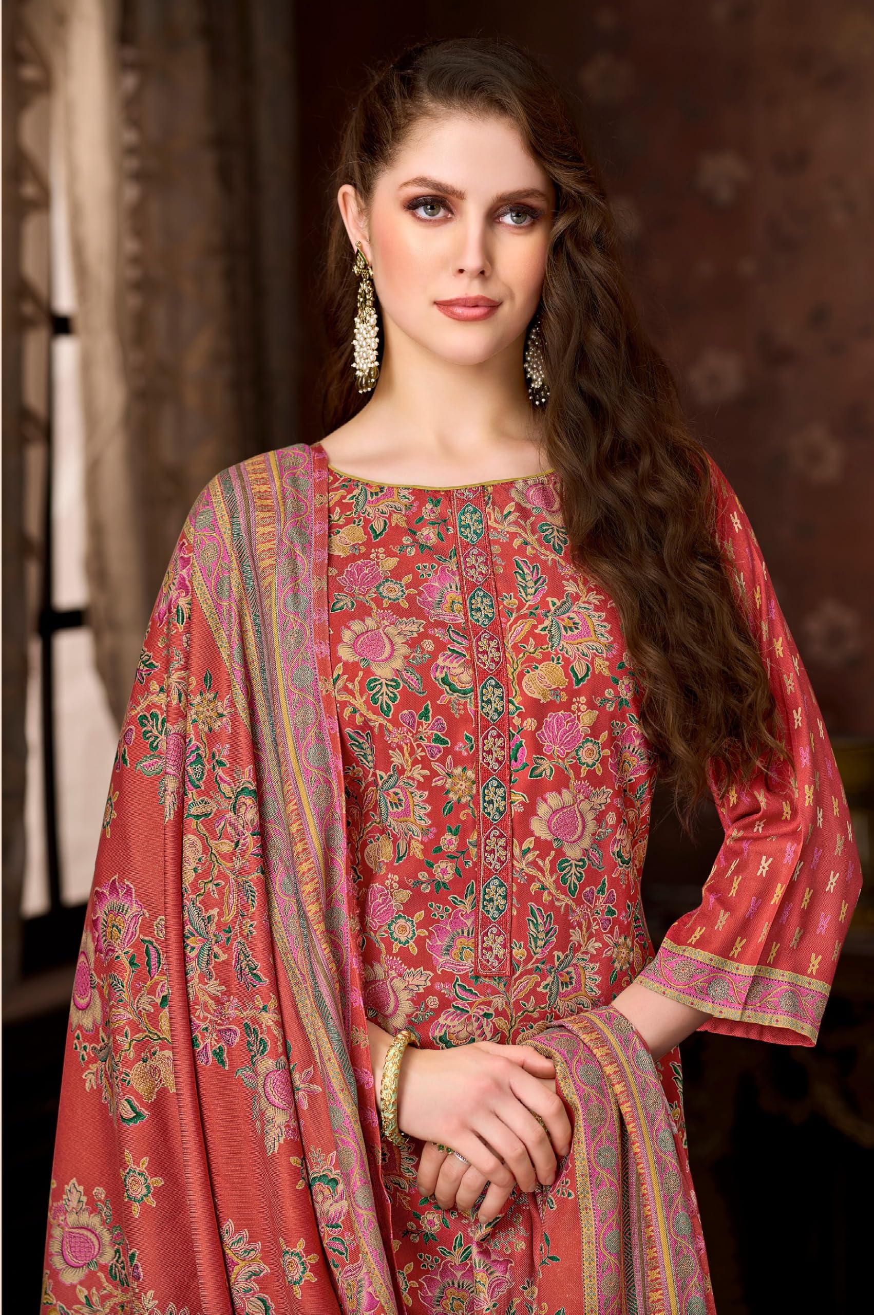 DRAVINAM Trends Women's Winter Wear Unstitched Discharge Print Hand Work Neck Embroidered Woollen Viscose Pashmina Salwar Suit Dress Material with Pashmina Printed Shawl Dupatta