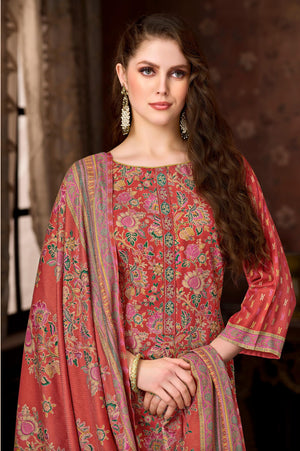DRAVINAM Trends Women's Winter Wear Unstitched Discharge Print Hand Work Neck Embroidered Woollen Viscose Pashmina Salwar Suit Dress Material with Pashmina Printed Shawl Dupatta