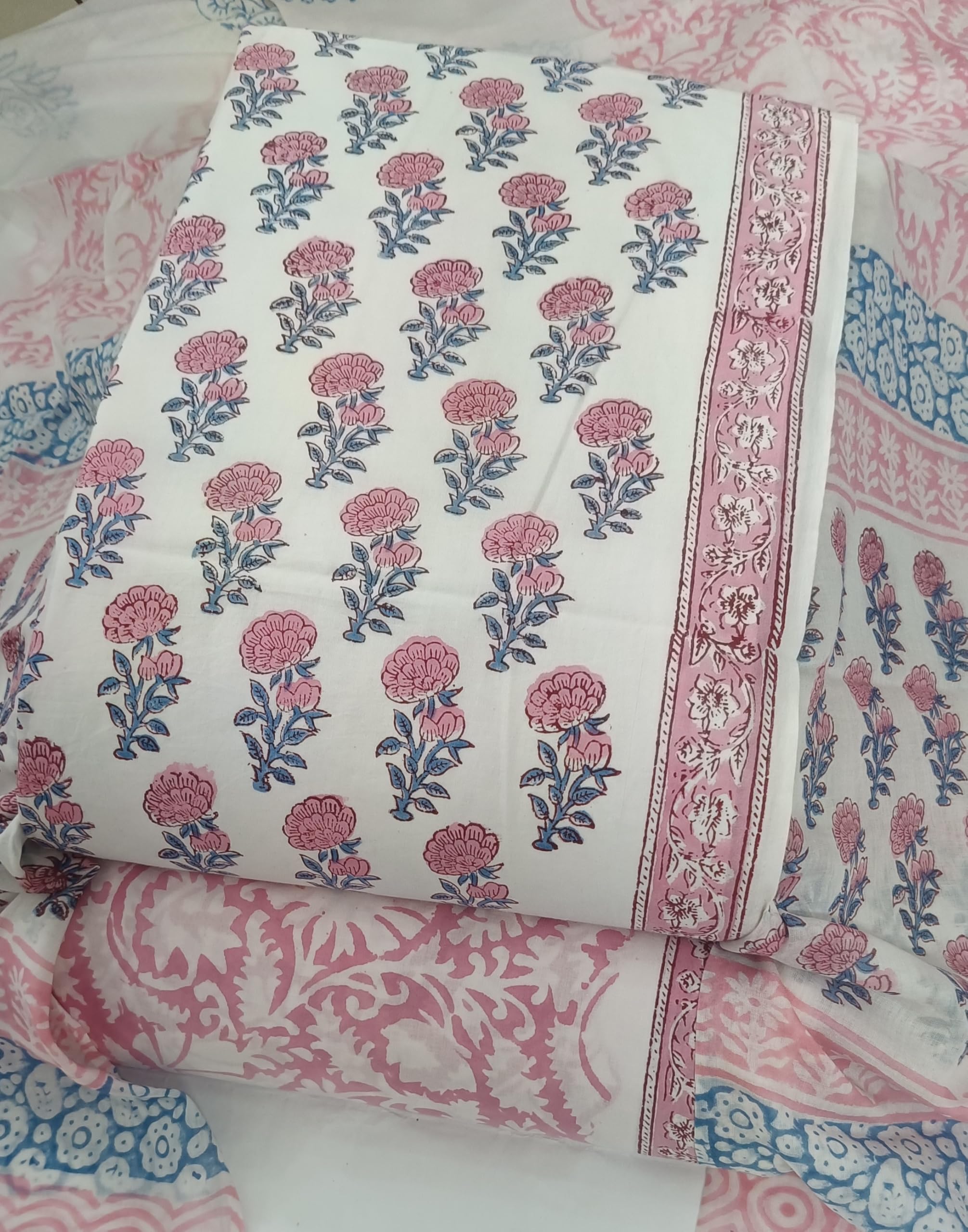 DRAVINAM Trends Hand Block Print Jaipuri Cambric Unstitched Cotton Suit Dress Material for Women with Mulmul Cotton Hand Printed Dupatta