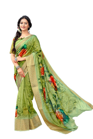 DRAVINAM Trends Women's Digital Printed Soft Cotton Linen Saree with Zari Weaving Border and Matching Blouse Piece (Green)