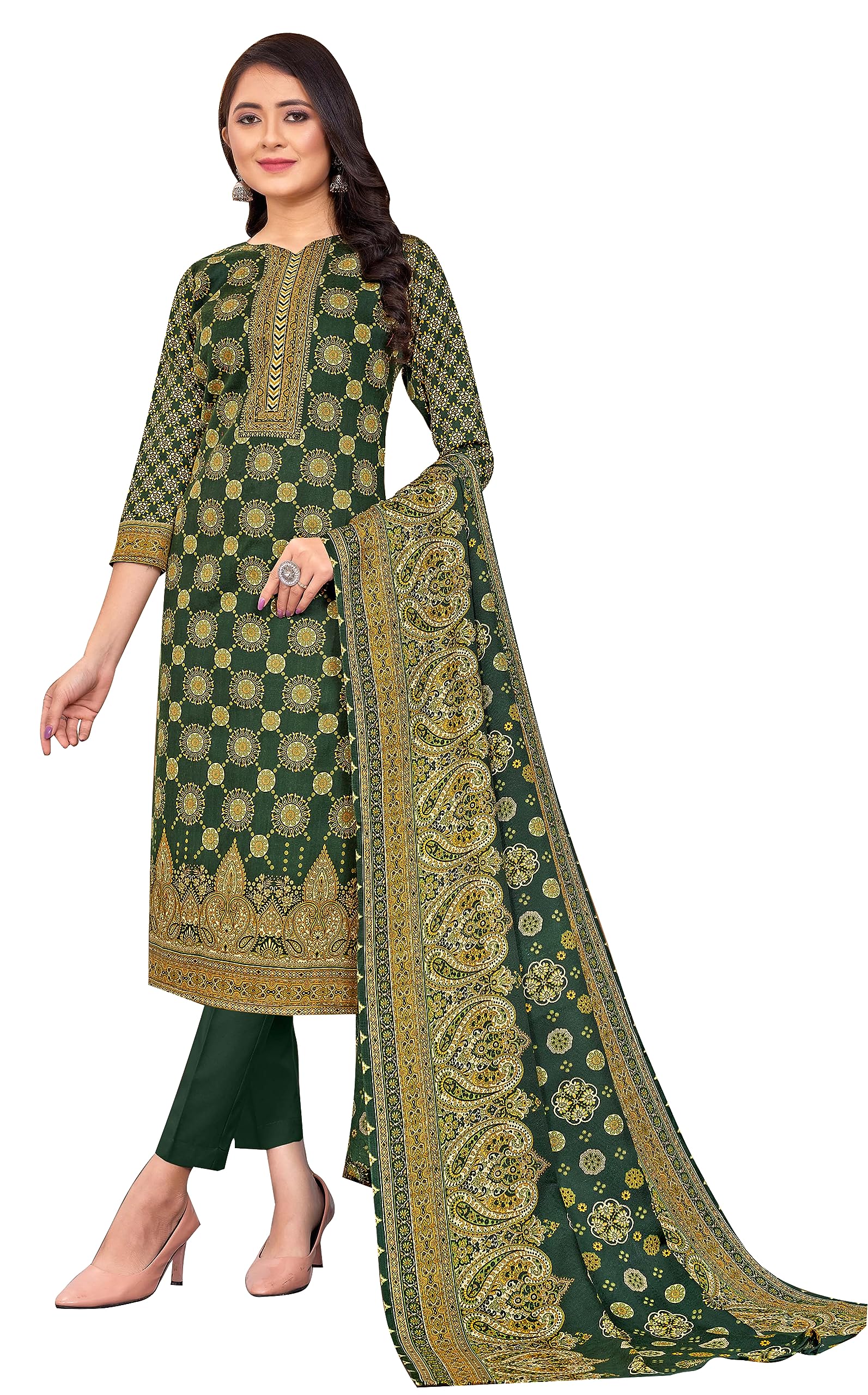 DRAVINAM Trends Women's Unstitched Kashmiri Kani Printed Woolen Winter wear salwar suits for women with Fancy Kani Shawl dupatta (Green)