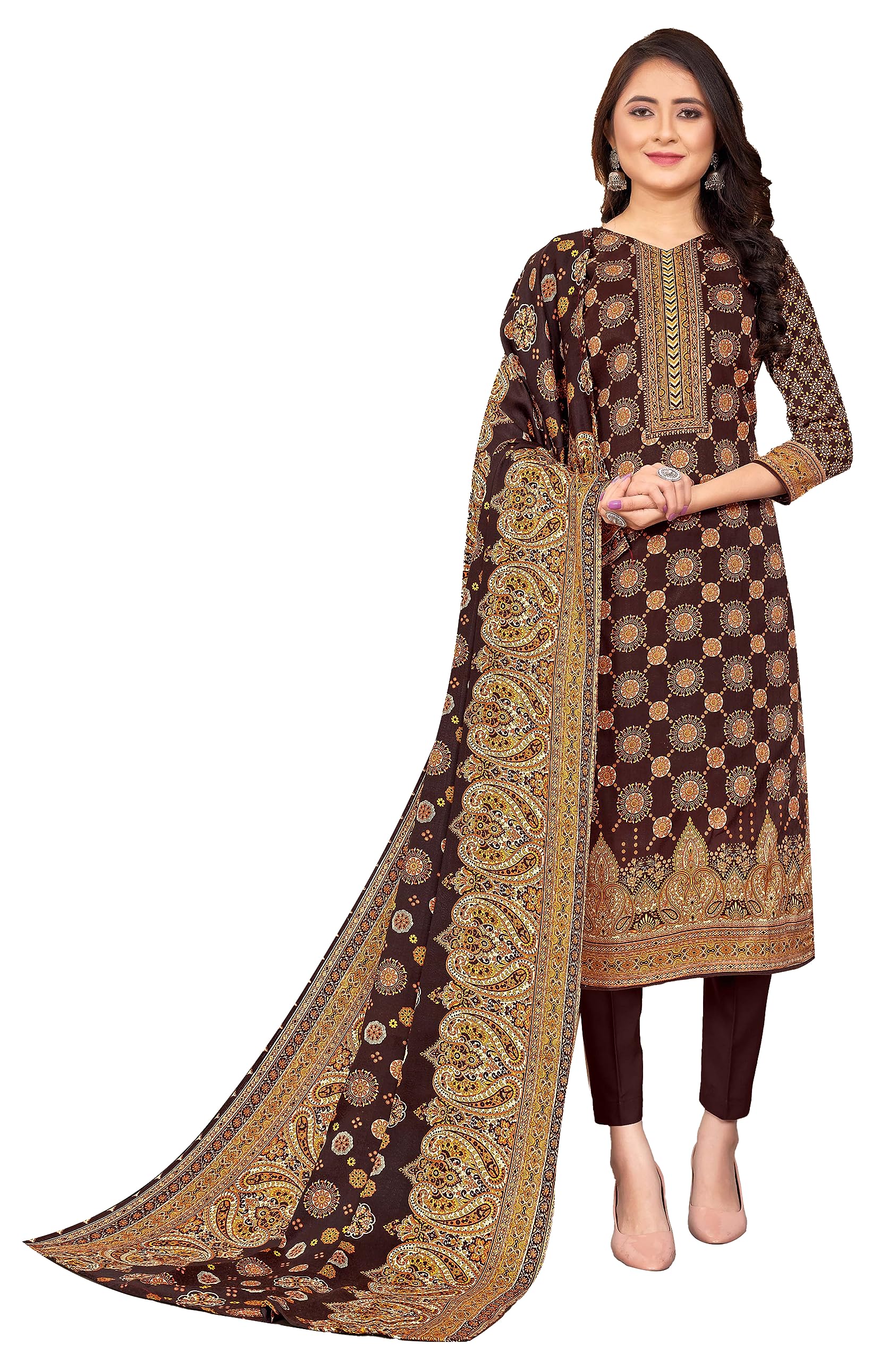 DRAVINAM Trends Women's Unstitched Kashmiri Kani Printed Woolen Winter wear salwar suits for women with Fancy Kani Shawl dupatta (Green)