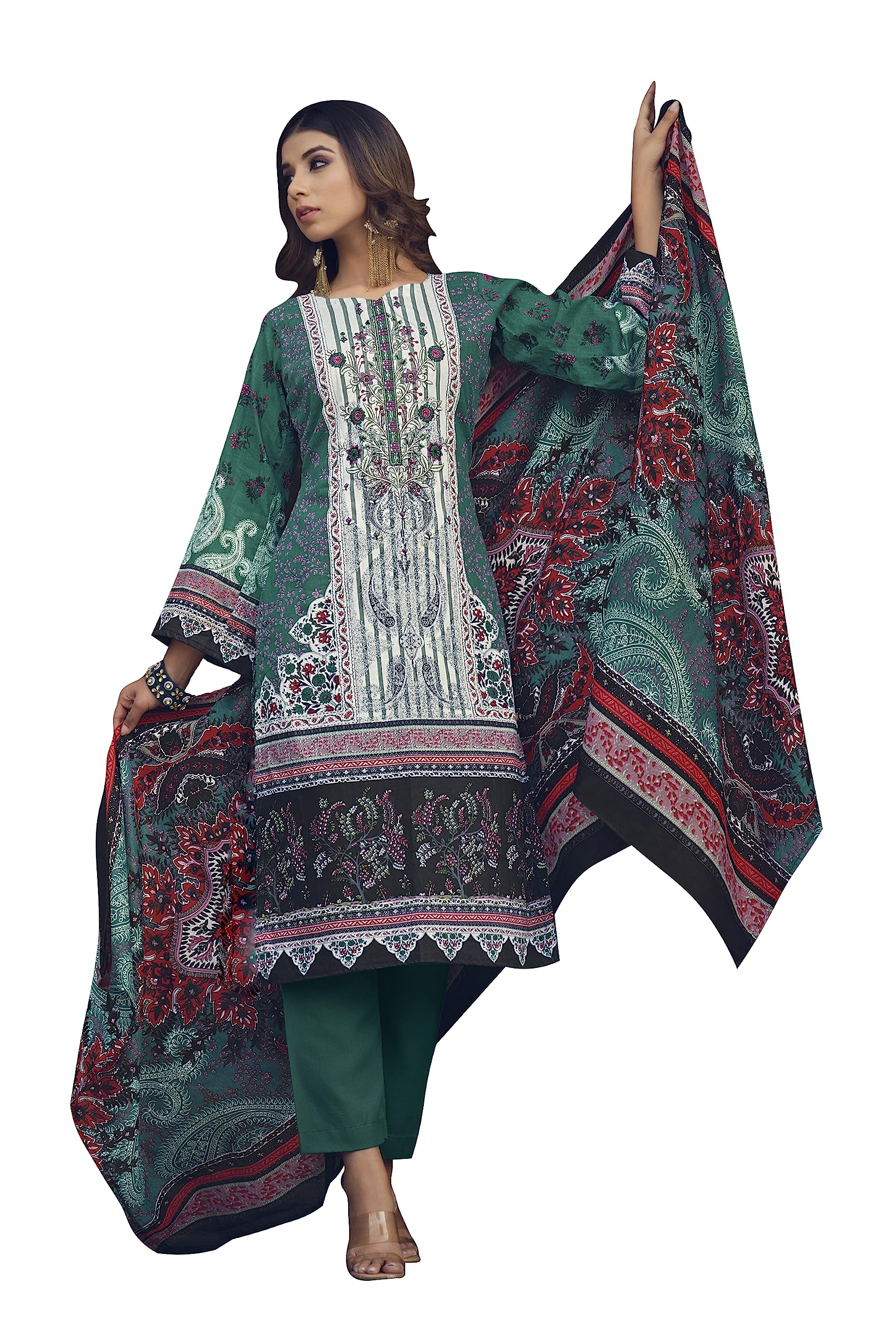DRAVINAM Trends Women's Unstitched Printed Embroidered Pure Cotton Pakistani Salwar Suit Dress Materials with Cotton printed Dupatta (Black)