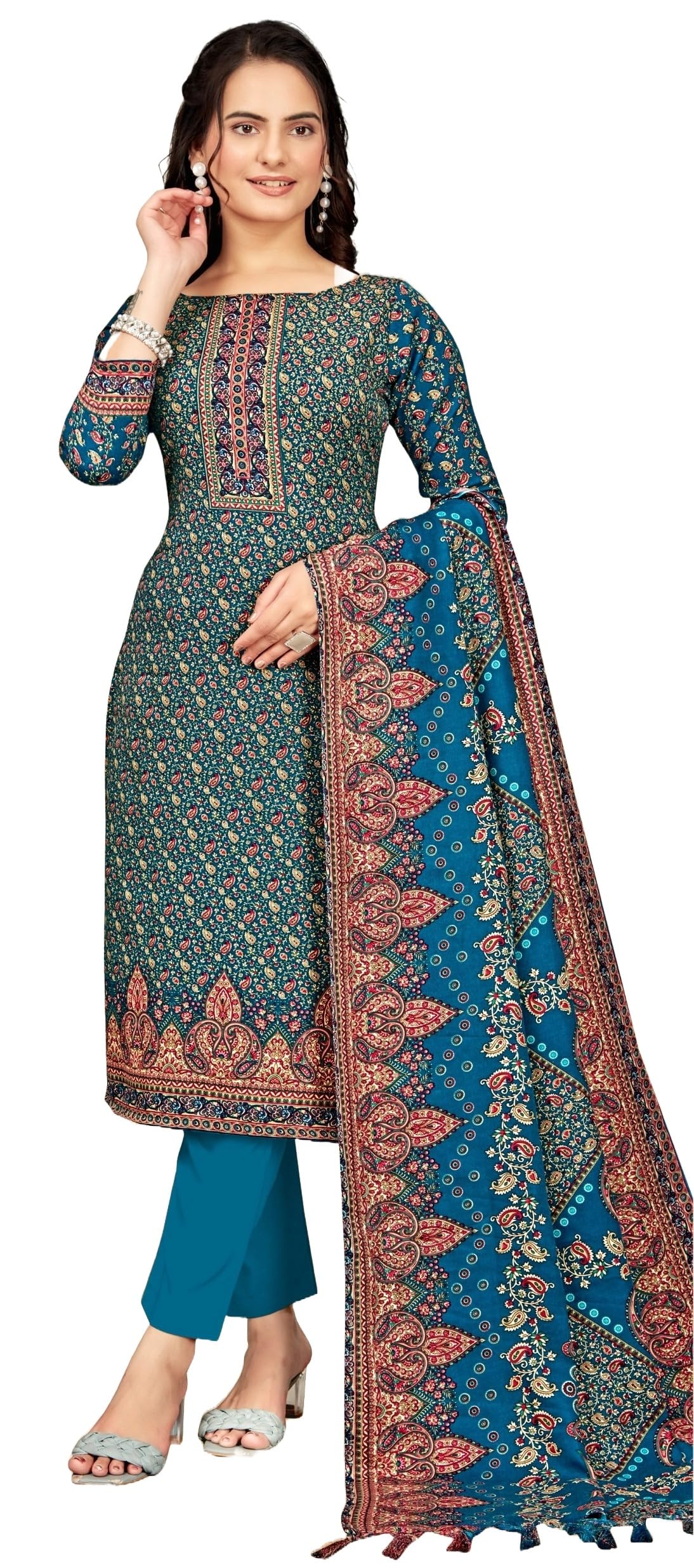 DRAVINAM Trends Women's Unstitched Winter Wear Kaani Digital Printed Heavy Woolen Pashmina Salwar Suit Dress Material with Printed Shawl Dupatta