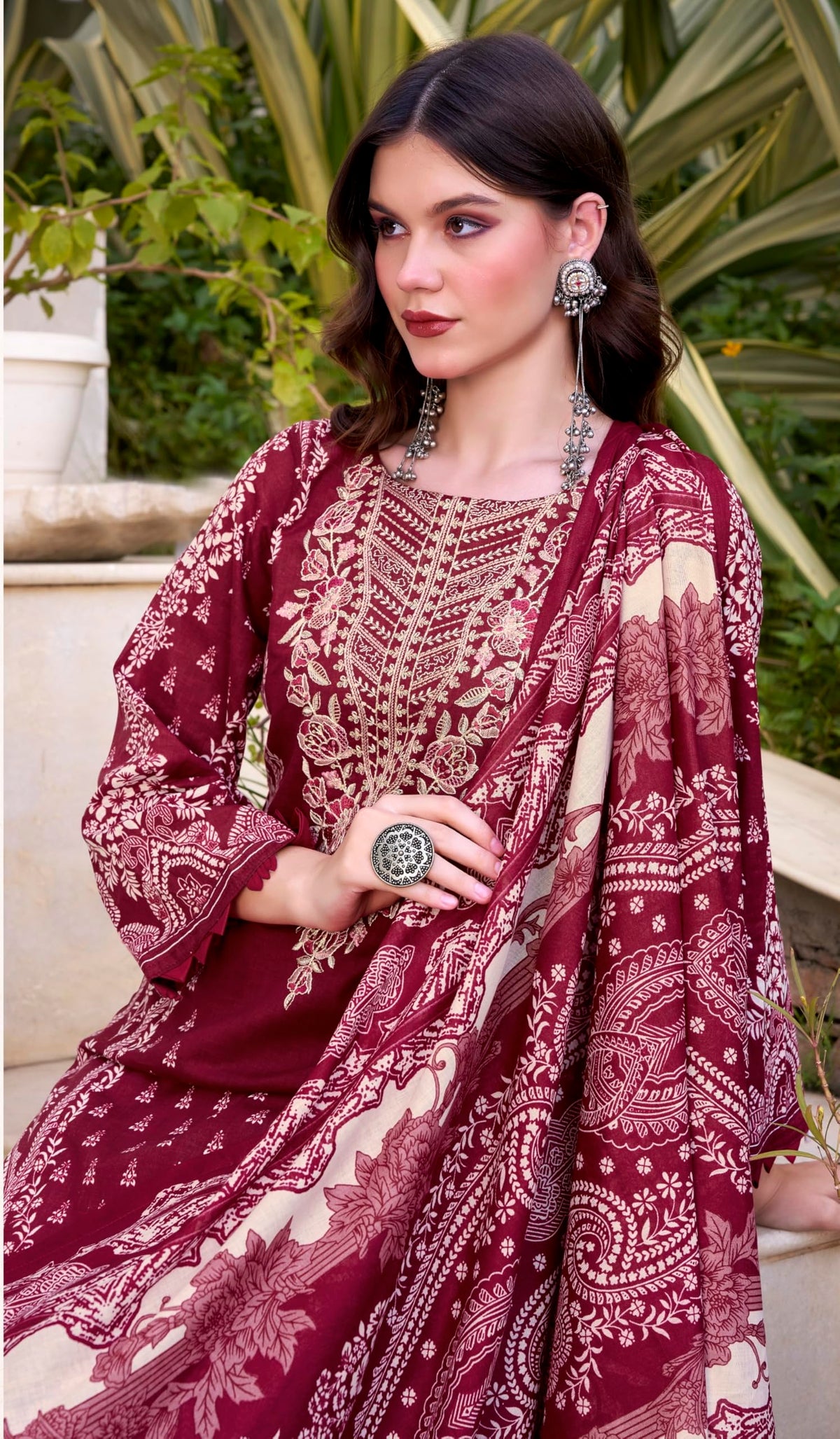 DRAVINAM Trends Women's Unstitched Cotton Suit Dress Material -Embroidered Digital Print Top II Plain Bottoms II Digital Print Dupatta