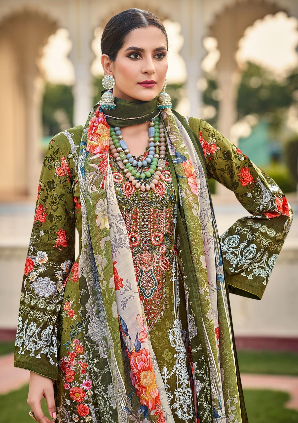 DRAVINAM Trends Lawn Cotton Pakistani Embroidered Suit Dress Material with Unstitched Bottoms and Cotton Dupatta