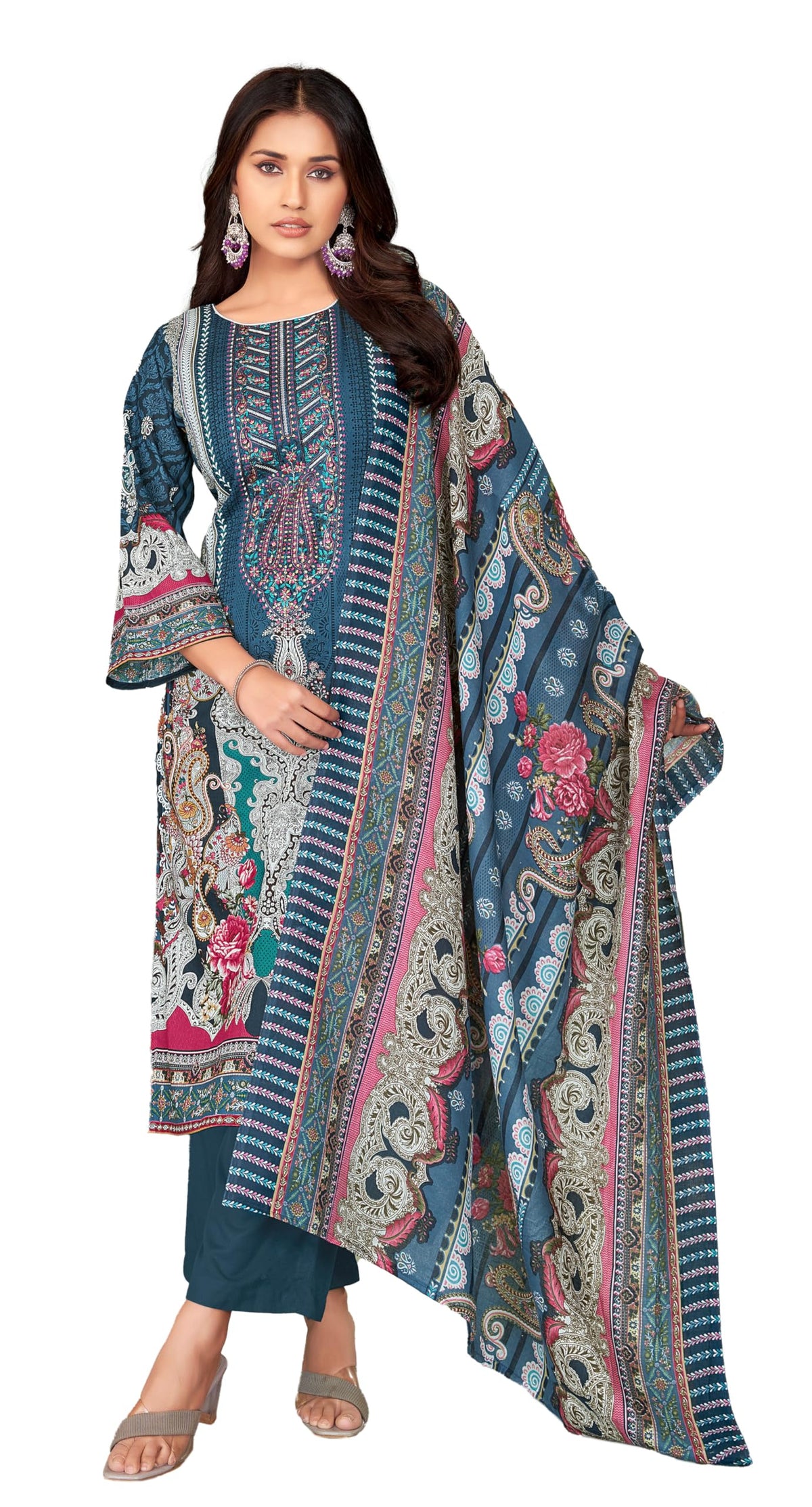DRAVINAM Trends Lawn Cotton Pakistani Embroidered Suit Dress Material with Unstitched Bottoms and Cotton Dupatta