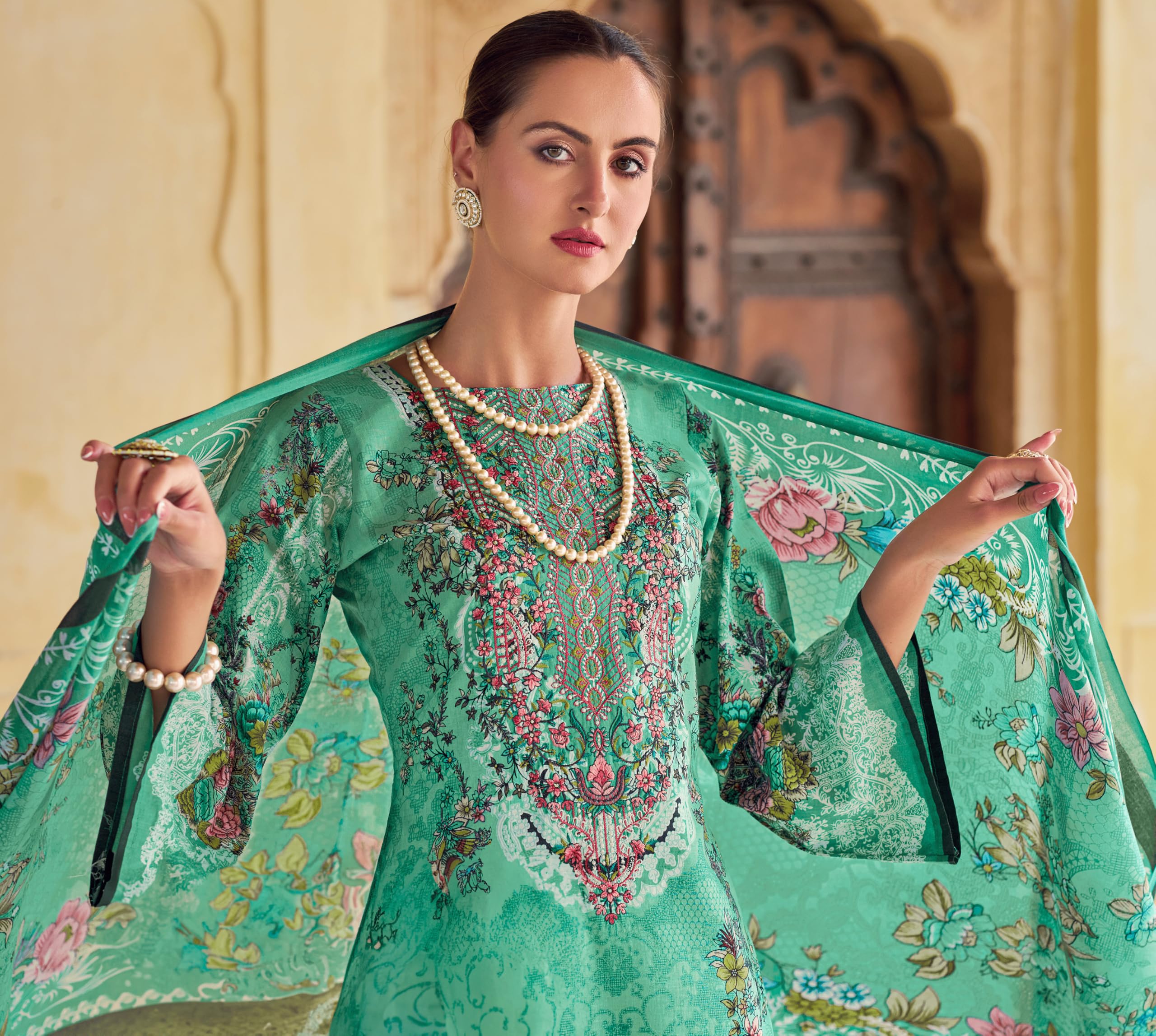 DRAVINAM Trends Unstitched Pakistani Embroidered Pure Cotton Salwar Suit Dress Materials with Cotton Dupatta
