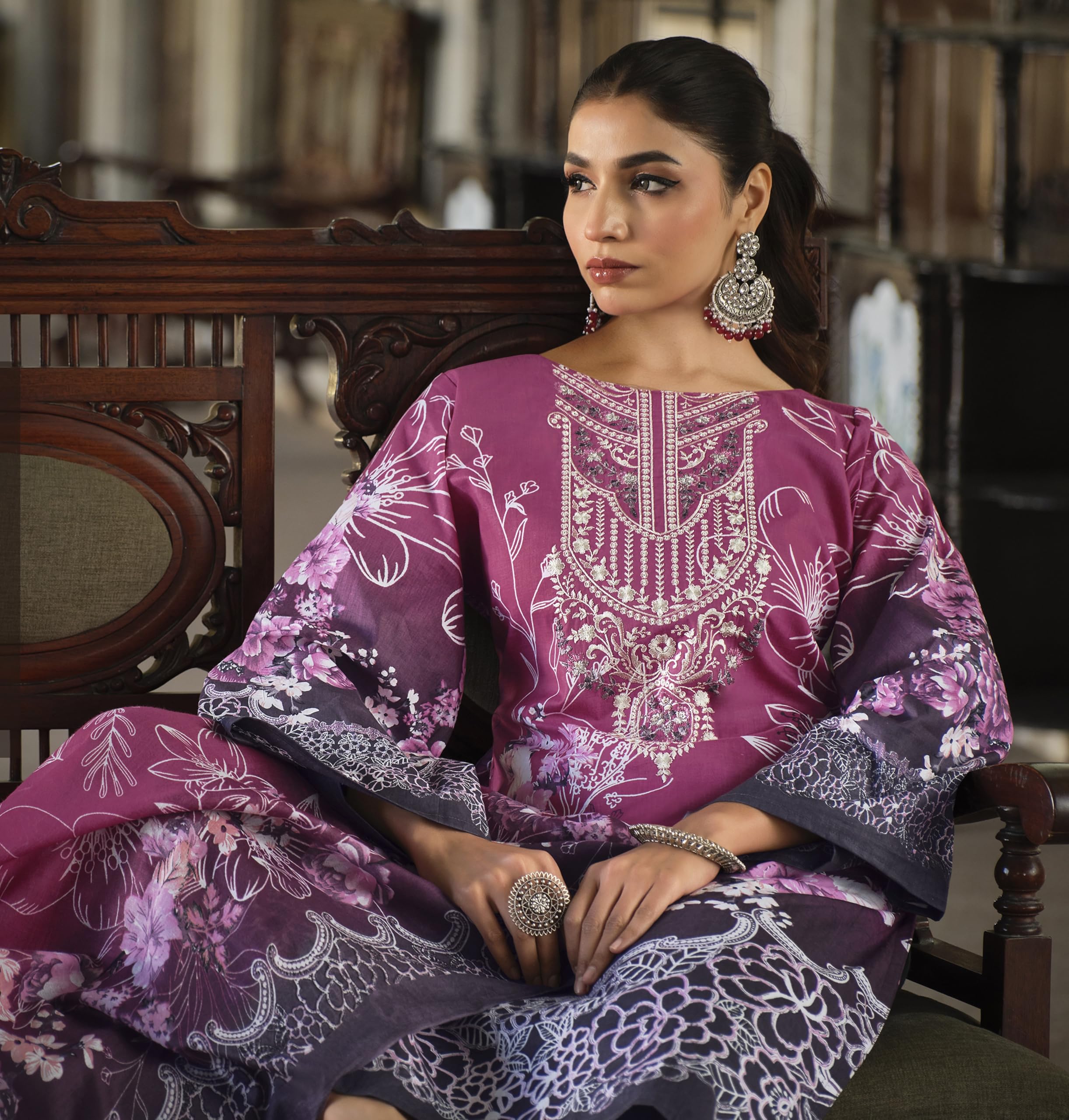 DRAVINAM Trends Women's Stitched Digital Style Print Embroidered Pure Cotton Kurta Pant Suit Set II Solid Pants II Printed Malmal Dupatta (XL / 42)