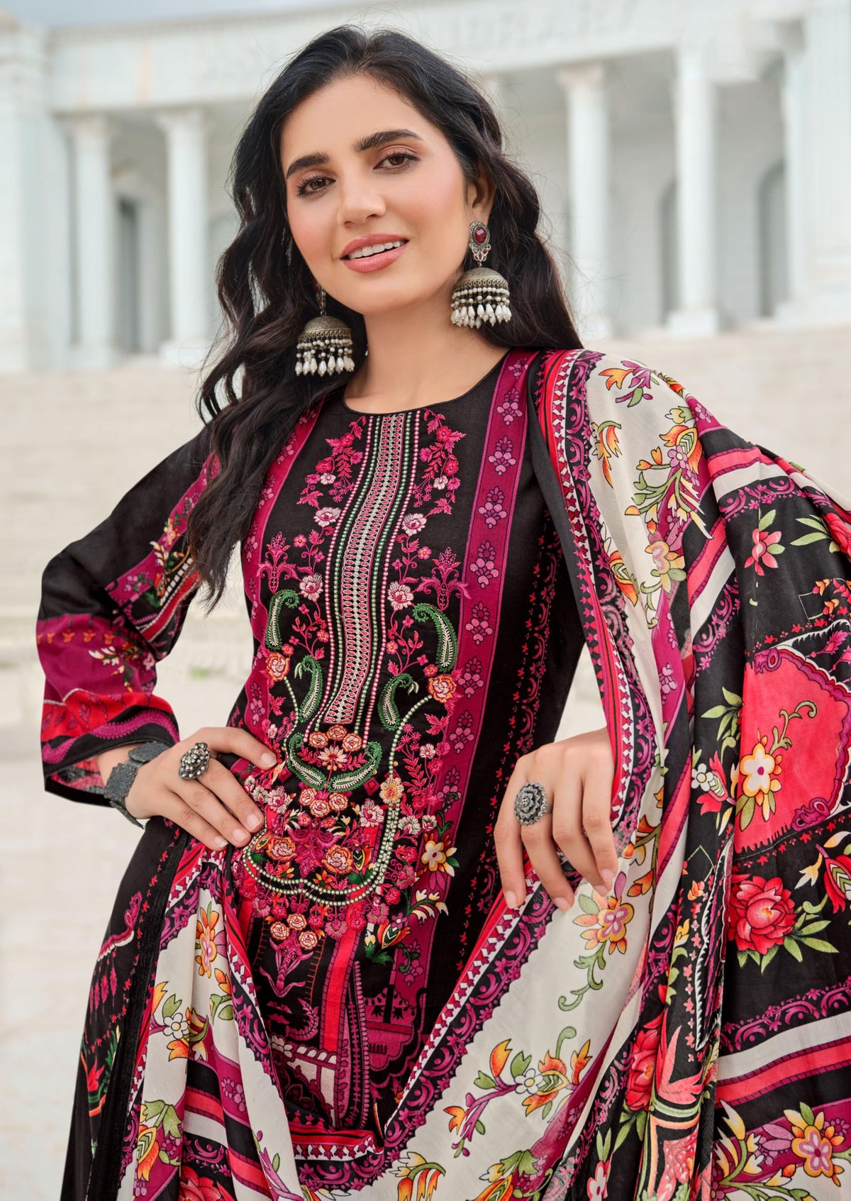 DRAVINAM Trends Women's Lawn Cotton Pakistani Embroidered Suit Dress Material with Unstitched Bottoms and Cotton Dupatta