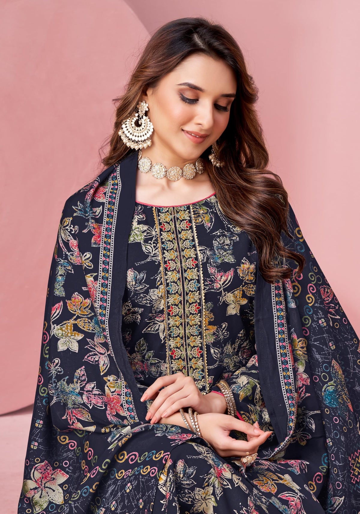 DRAVINAM Trends Pure Viscose Rayon Cotton Discharge Foil Printed Fancy Embroidered Suit Dress Material with Unstitched Bottoms and Cotton Silk Printed Dupatta