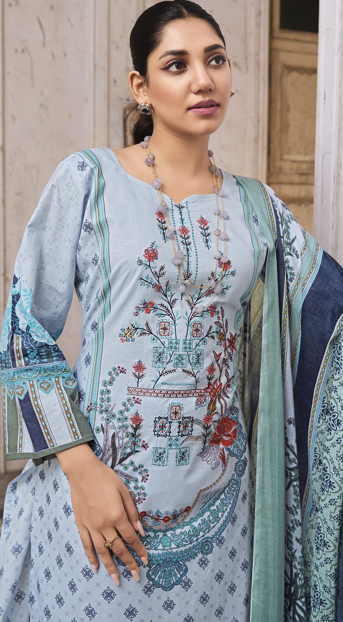 DRAVINAM Trends Women Unstitched Pakistani Print Embroidered Cotton Salwar Suit Dress Materials with Dupatta, Free Size