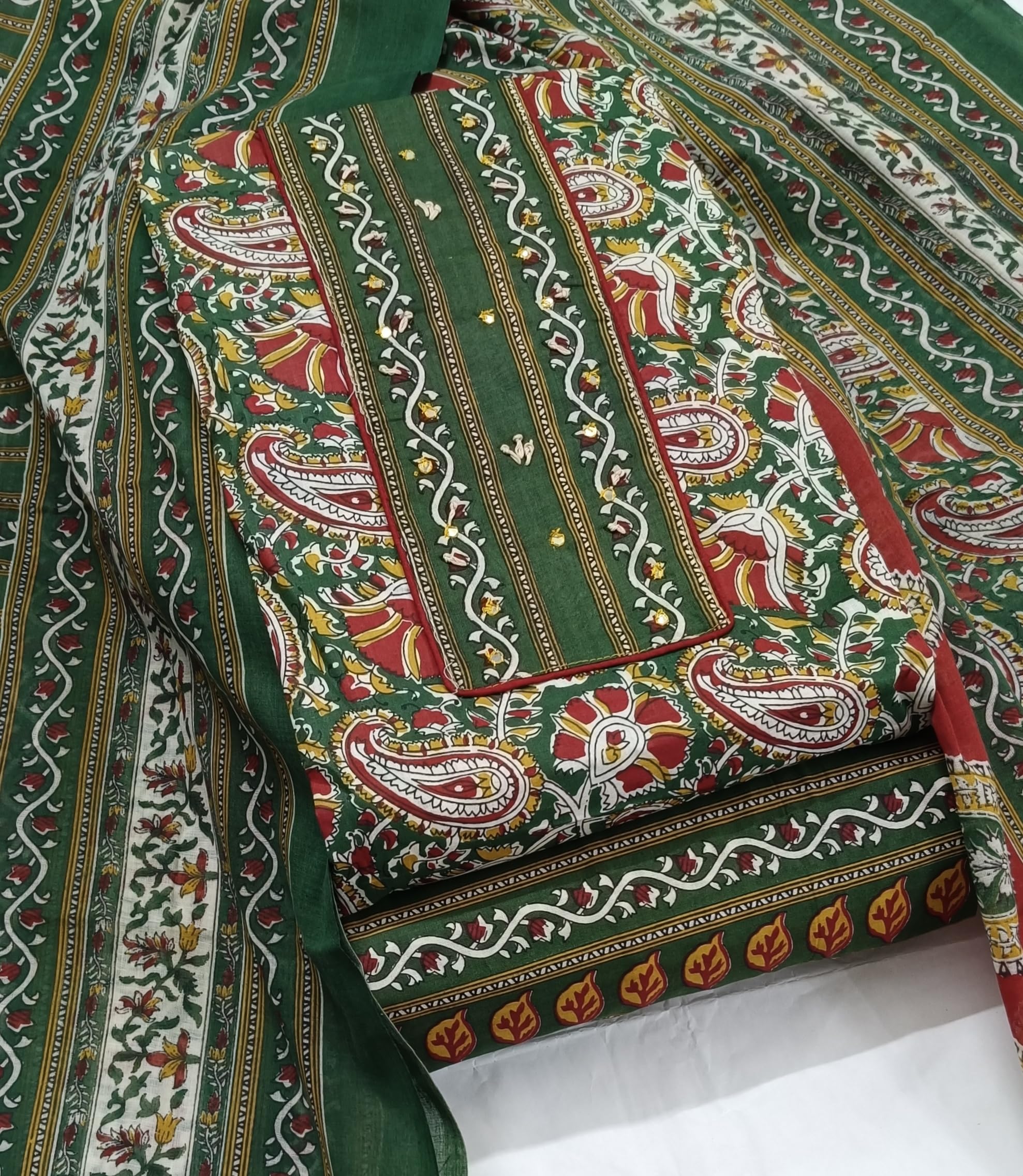 DRAVINAM Trends Women's Cambric Cotton Dress Material | Unstitch Kalamkari Printed Suit Set with Cotton Dupatta