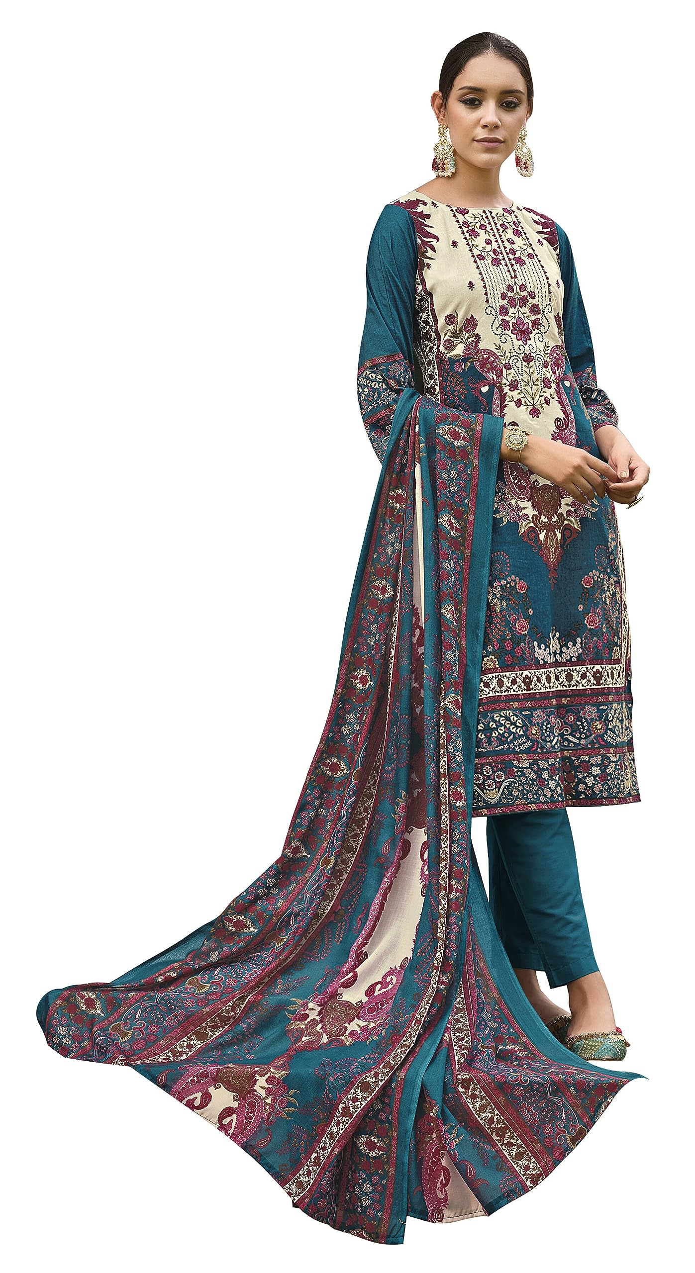 DRAVINAM Trends Unstitched Pakistani Print Embroidered Cotton Salwar Suit Dress Materials with Dupatta