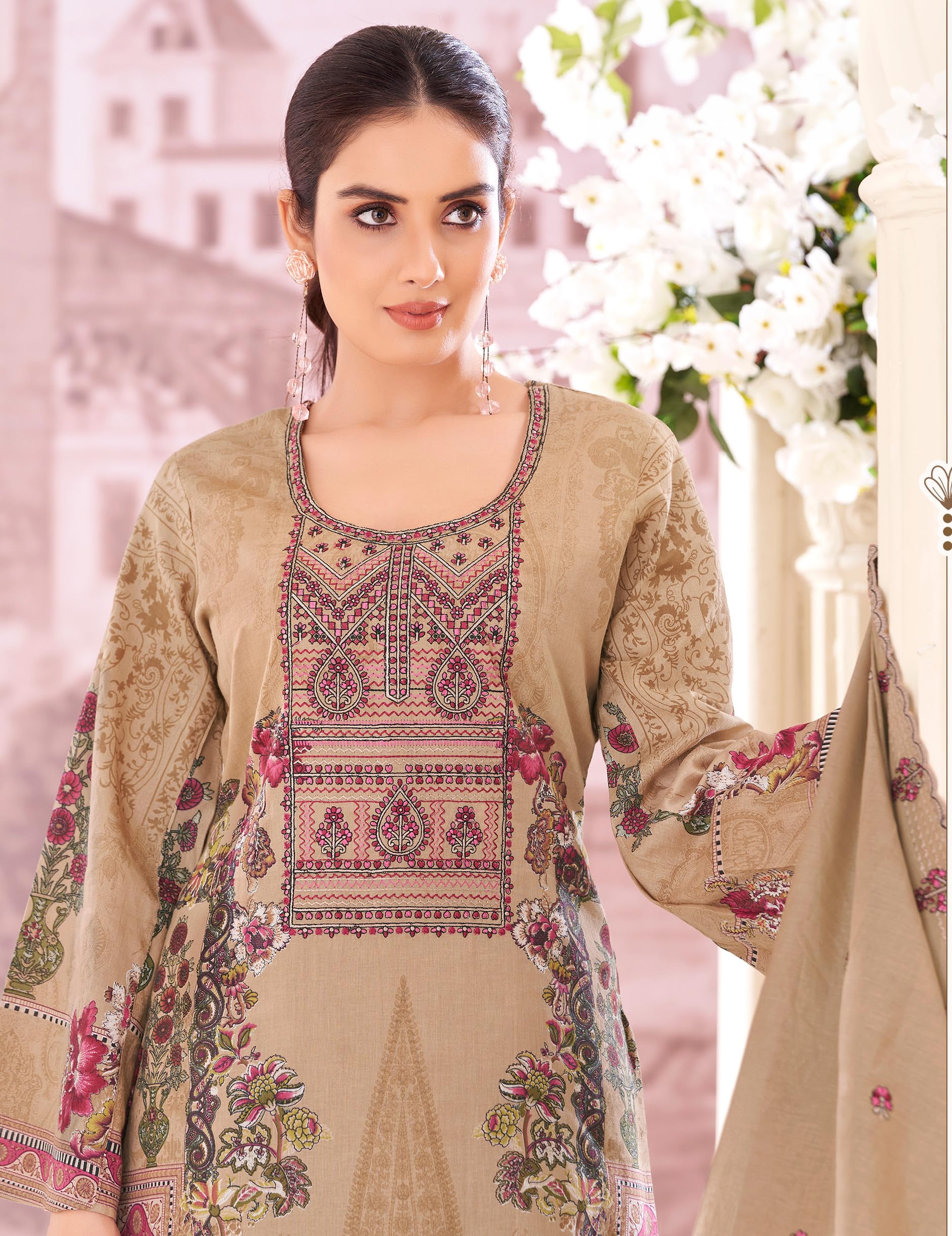 DRAVINAM Trends Unstitched Women's Pakistani Suit Material - Karachi Lawn Cotton Digital Printed Embroidered Kameez Material II Unstitched Cotton Bottoms II Printed Cotton Dupatta