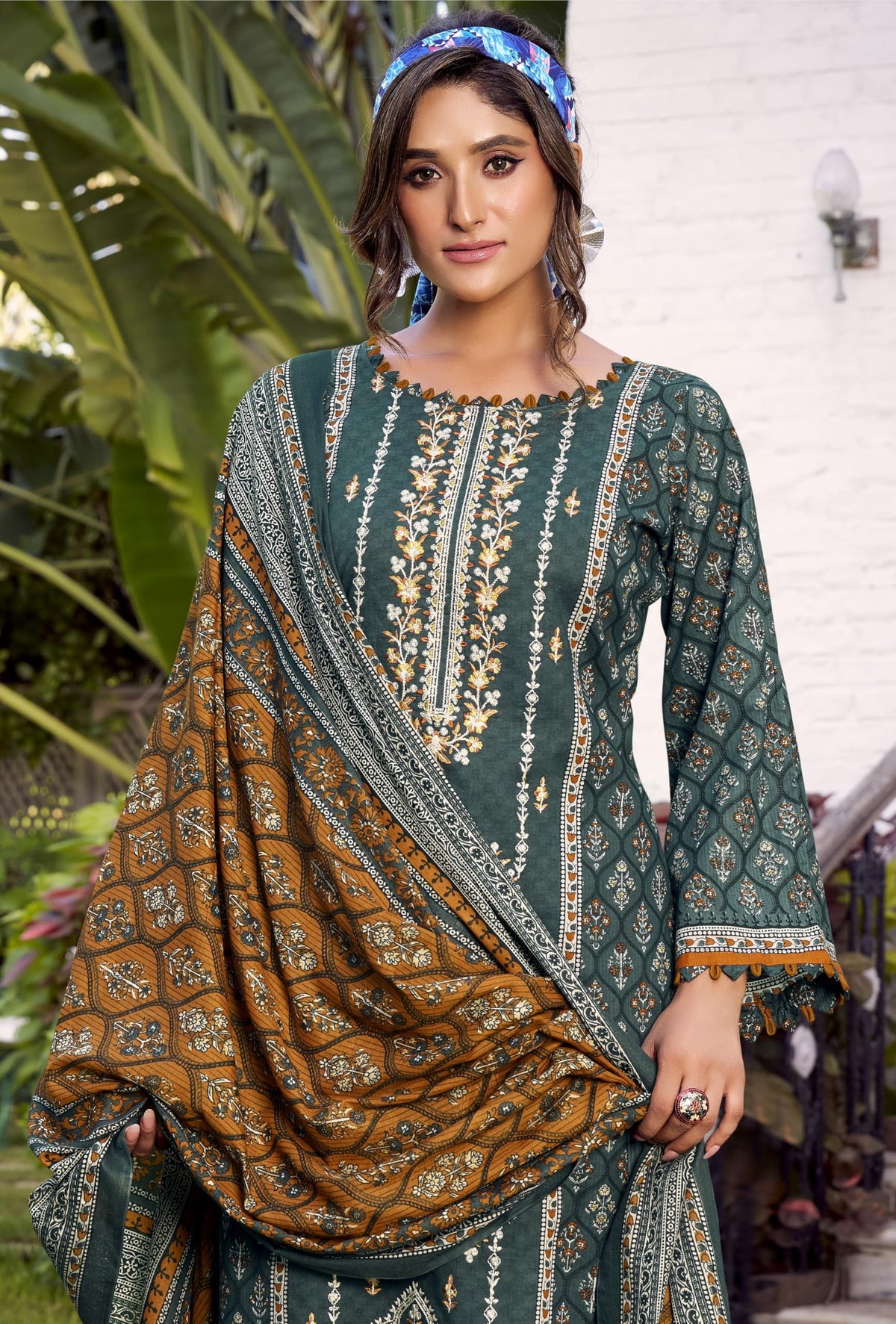 DRAVINAM Trends Unstitched Karachi Lawn Cotton Pakistani Digital Printed Embroidered Suit Dress Material with Unstitched Bottoms and Cotton Dupatta