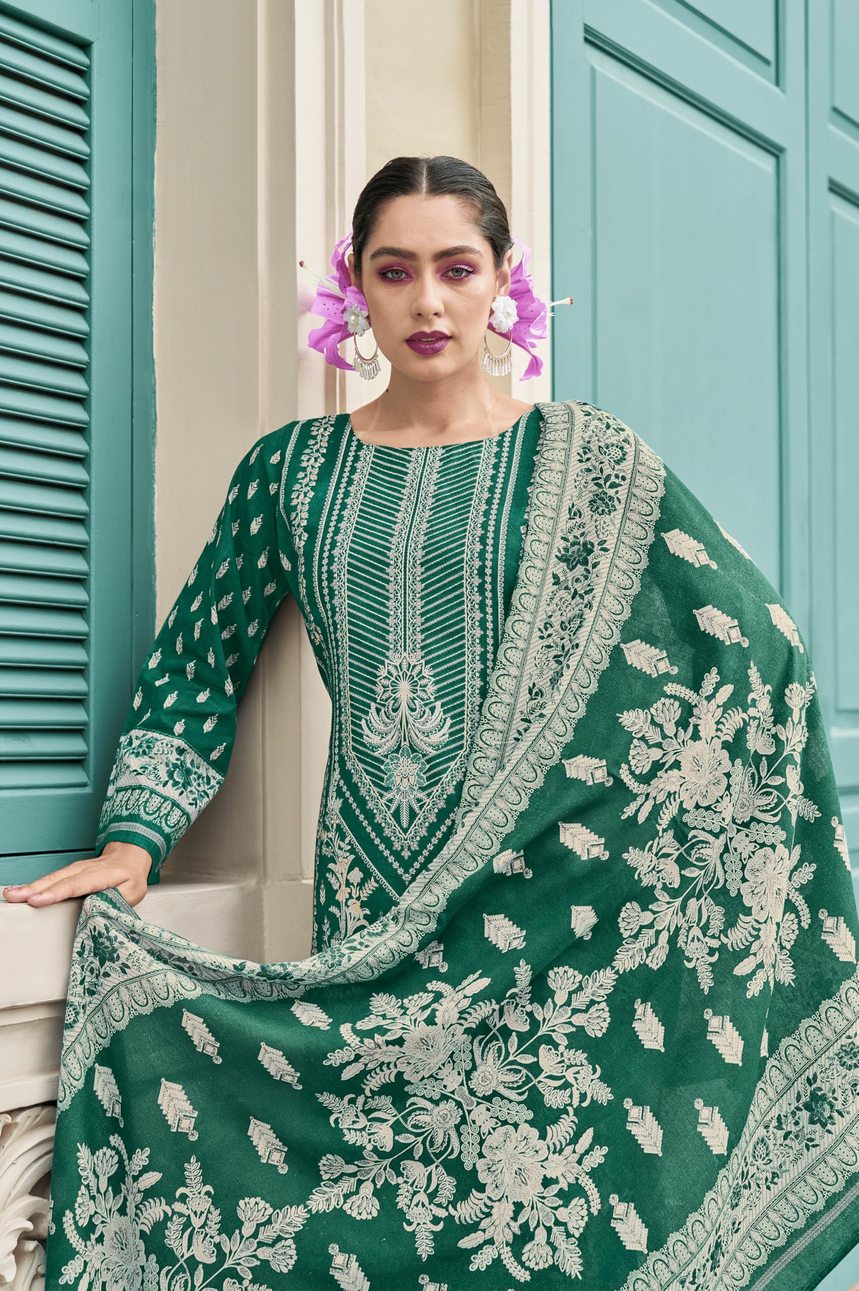 DRAVINAM Trends Unstitched Suit Material – Pure Cotton Digital Prints Daman Organza Embroidery Kameez, Cotton Bottoms and Dupatta