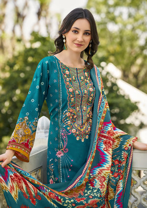 DRAVINAM Trends Women's Unstitched Salwar Suit Dress Material - Cotton Digital Printed Organza Embroidered Kameez II Solid Bottoms II Printed Dupatta