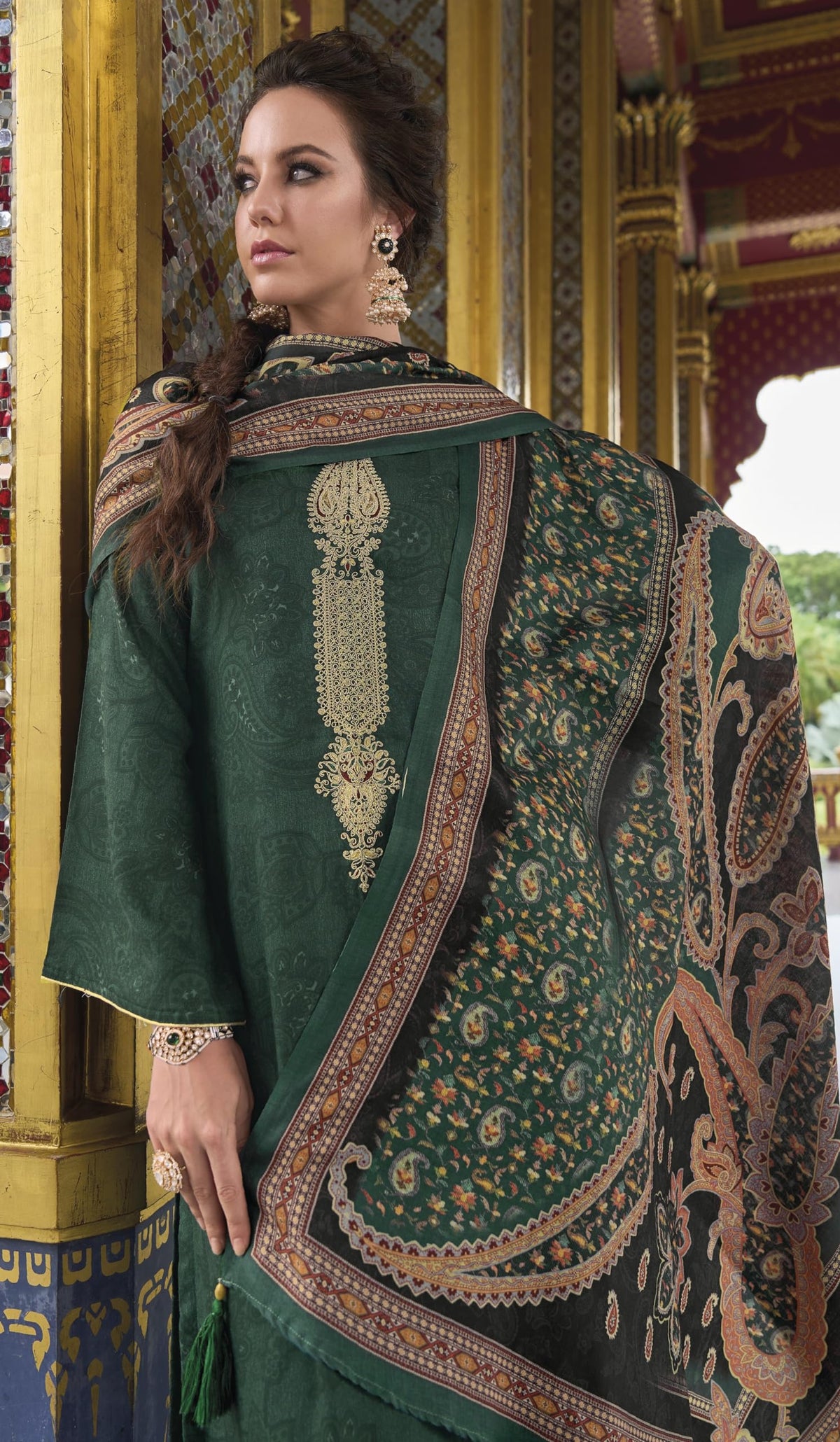 DRAVINAM Trends Women's Digital printed Zari Embroidered Pure Woolen Pashmina Unstitched Salwar suit Dress Material with Pure Pashmina Shawl Dupatta