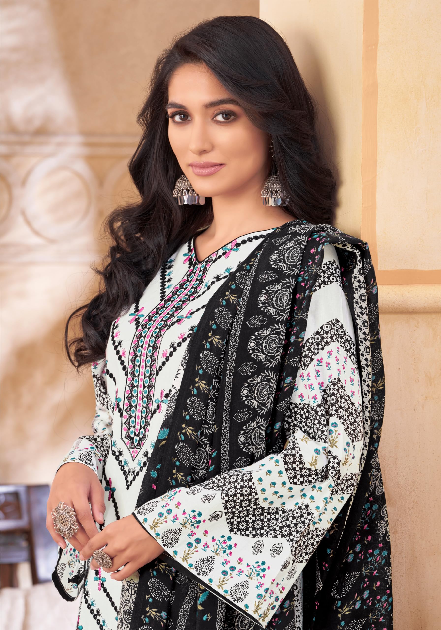 DRAVINAM Trends Women's Pakistani Print Embroidered Unstitcehd Pure Cambric Cotton Salwar Suit Dress Materials with Pure Cotton Printed Dupatta
