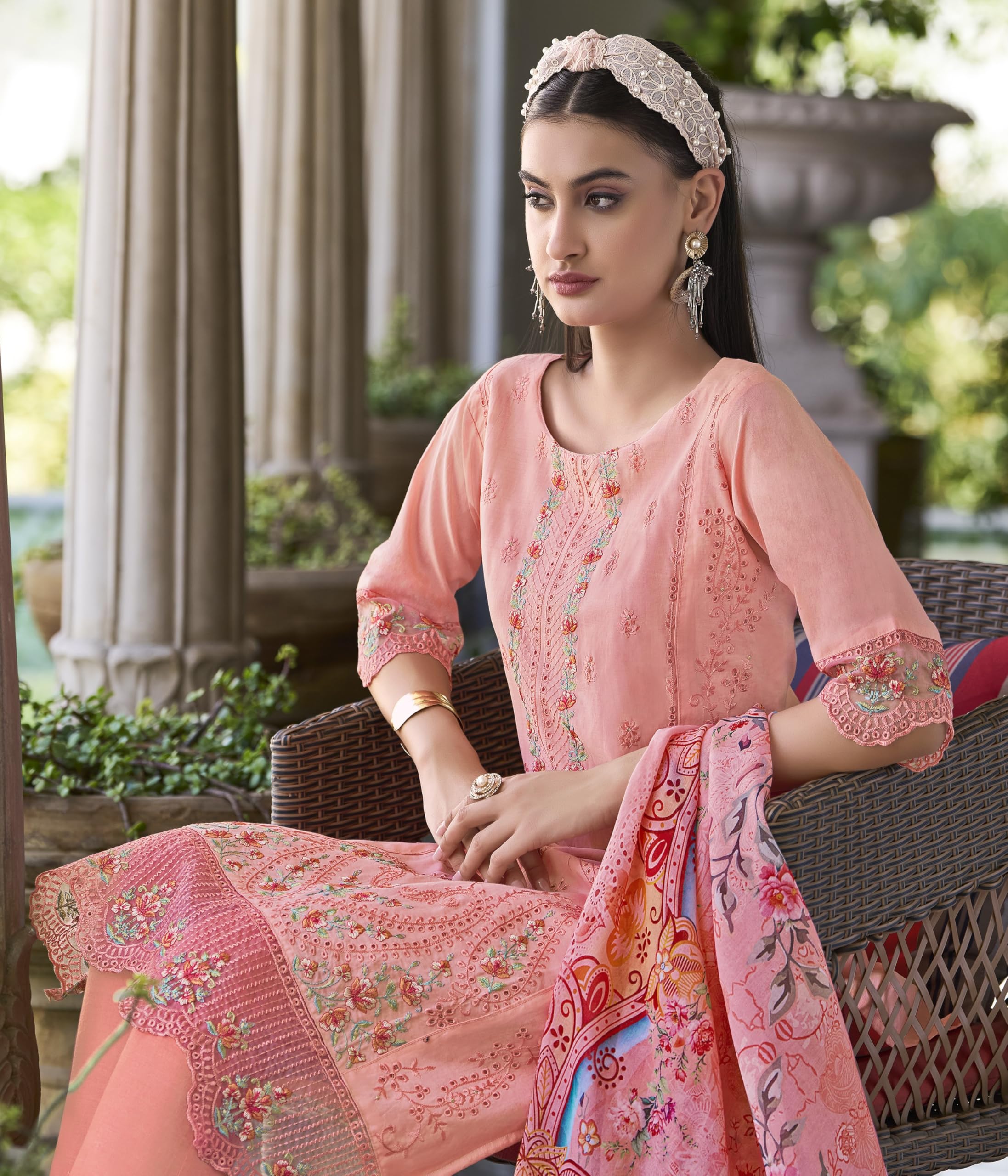 DRAVINAM Trends Women's Unstitched Lawn Cotton Karachi Embroidered Suit Material - Lawn Cotton Heavy Karachi Embroidered Shirt with Heavy Daman Work II Cotton Bottoms II Cotton Digital Printed Dupatta