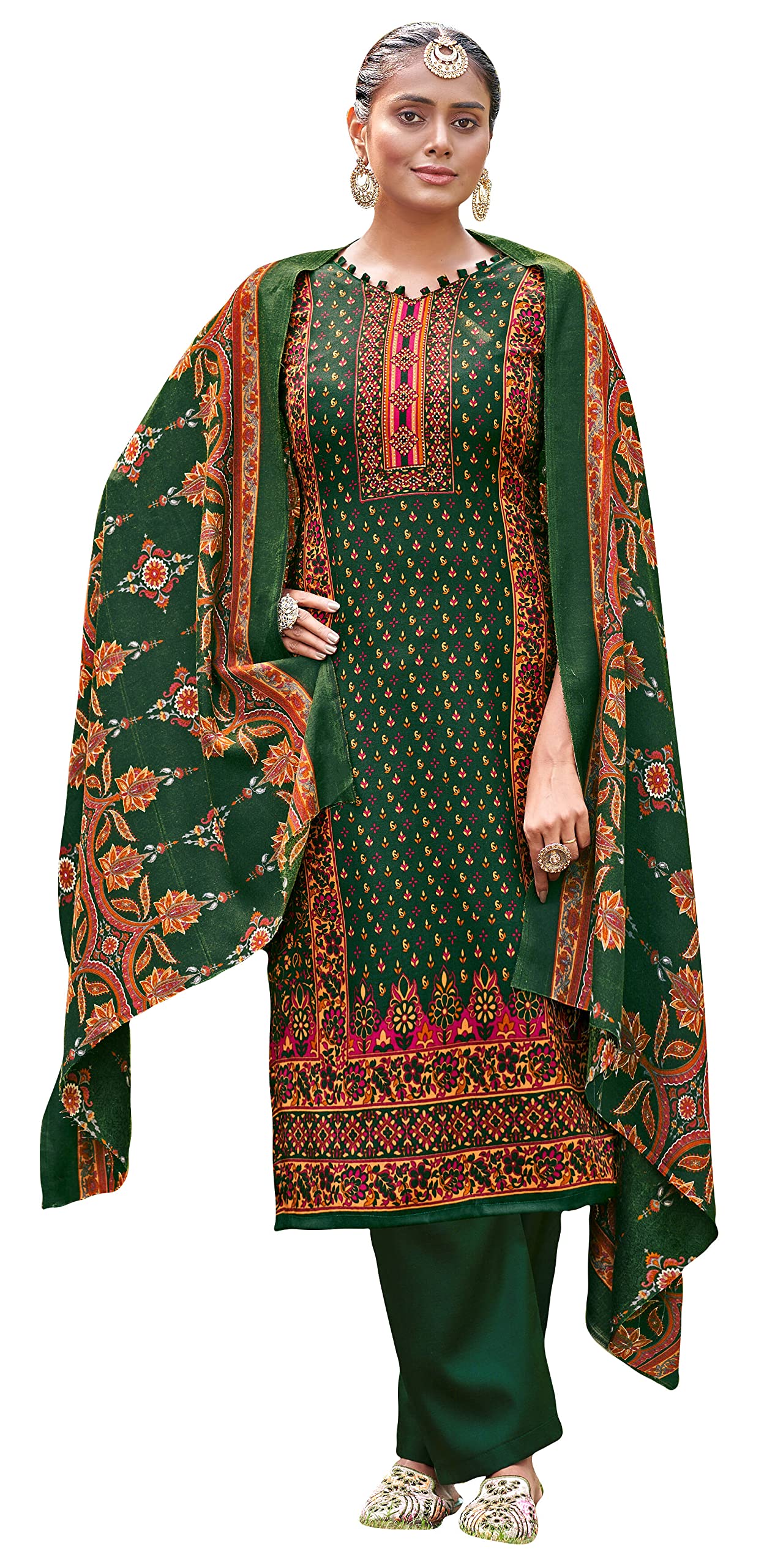 DRAVINAM Trends Women's Unstitched Siroski kanni Print Woollen Pashmina Salwar Suit Dress Material with Pashmina Printed Shawl Dupatta (Free Size_Green)