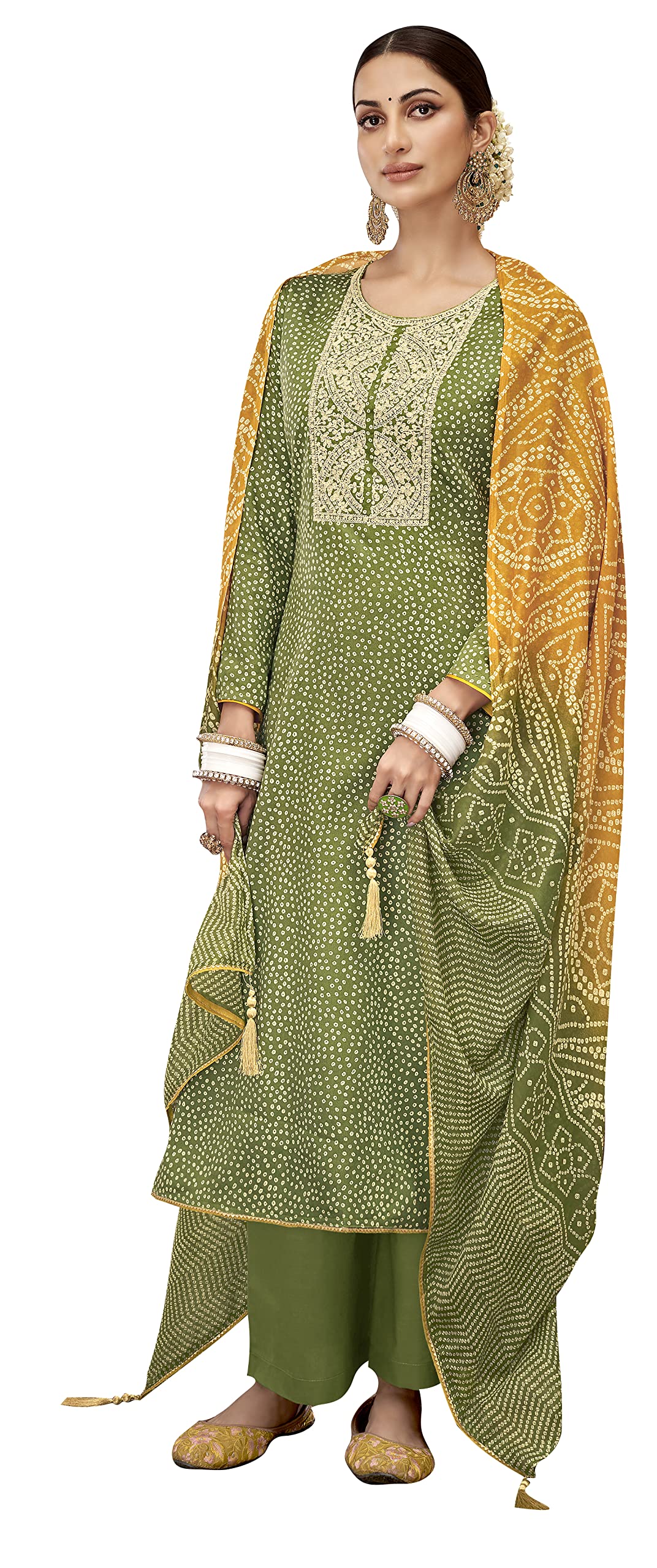 DRAVINAM Trends Unstitched Bandhani Printed Pure Jam Cotton Suit Material with Embroidery and Pure Maslin Dupatta